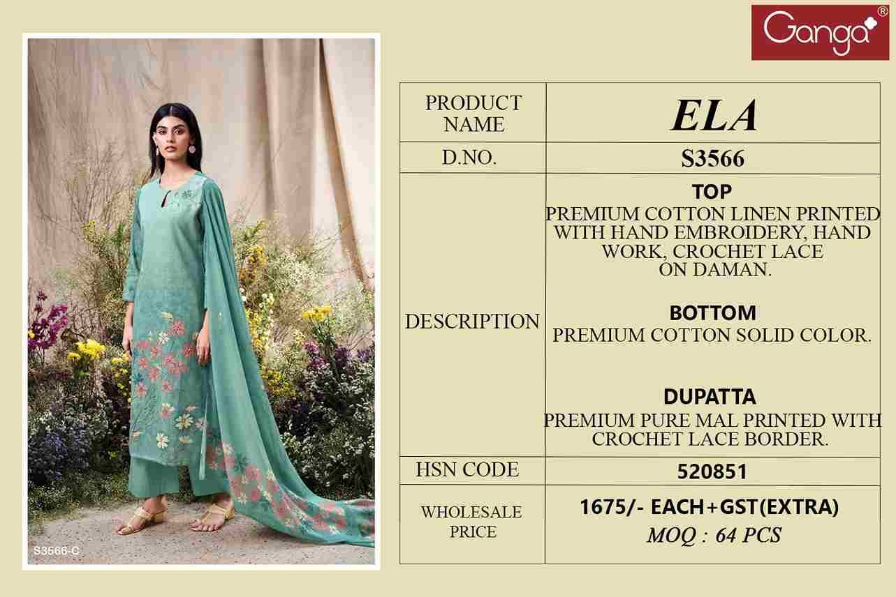 Ela-3566 By Ganga Fashion 3566-A To 3566-D Series Beautiful Festive Suits Colorful Stylish Fancy Casual Wear & Ethnic Wear Pure Cotton Linen Dresses At Wholesale Price