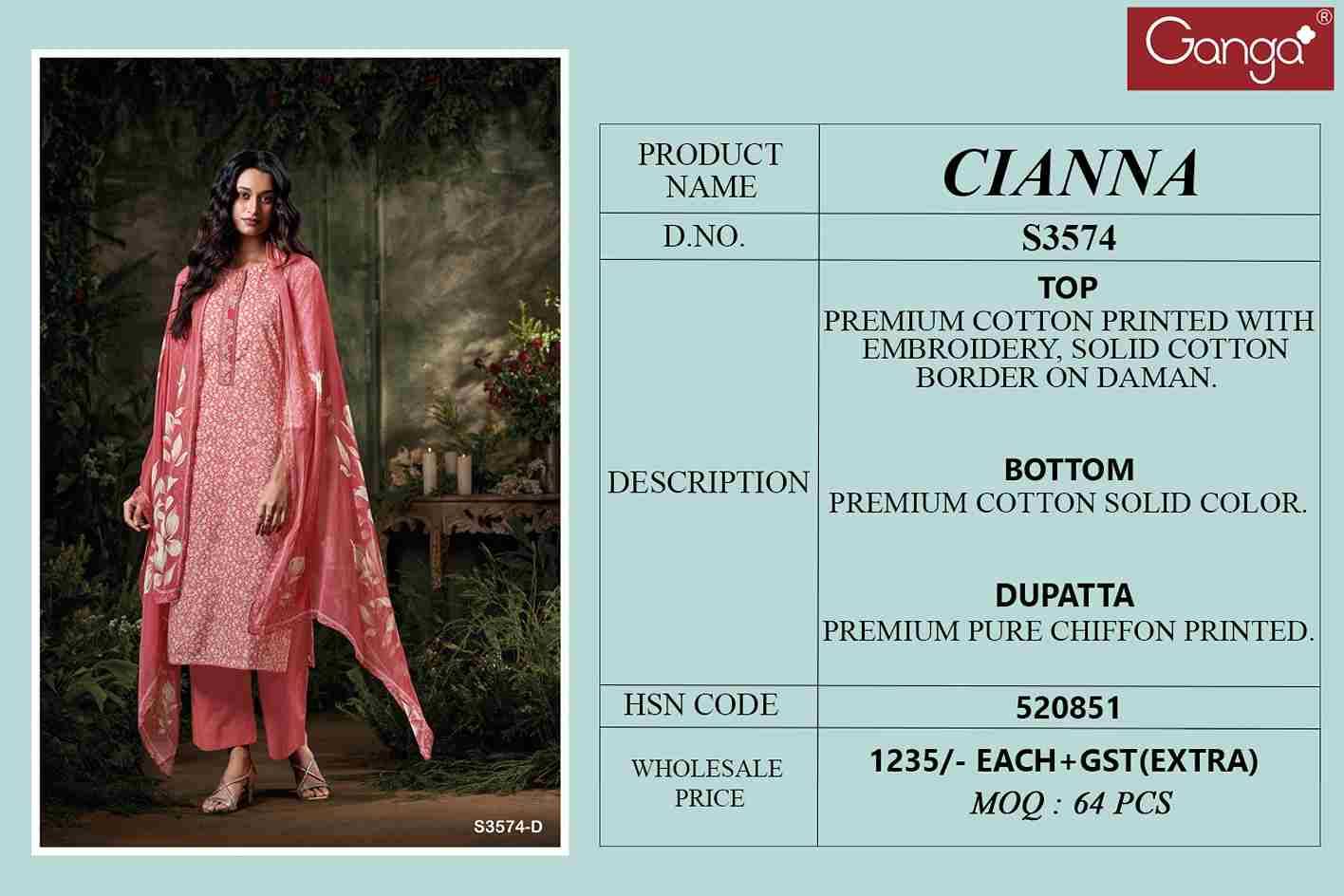 Cianna-3574 By Ganga Fashion 3574-A To 3574-D Series Beautiful Festive Suits Colorful Stylish Fancy Casual Wear & Ethnic Wear Pure Cotton Dresses At Wholesale Price