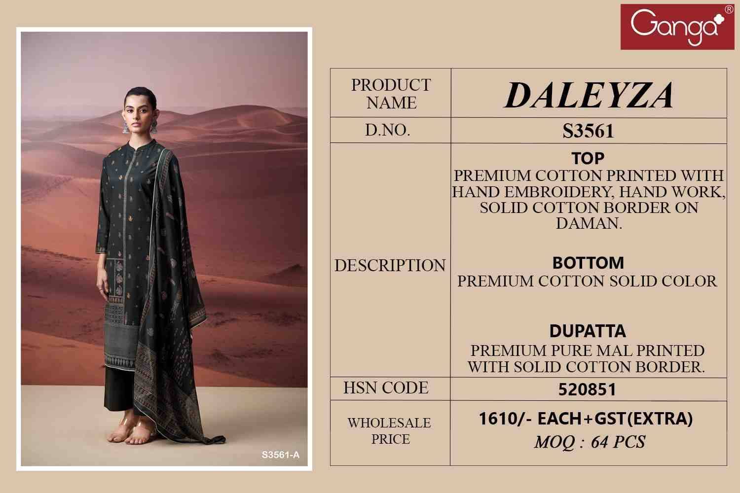 Daleyza-3561 By Ganga Fashion 3561-A To 3561-C Series Beautiful Festive Suits Colorful Stylish Fancy Casual Wear & Ethnic Wear Pure Cotton Dresses At Wholesale Price