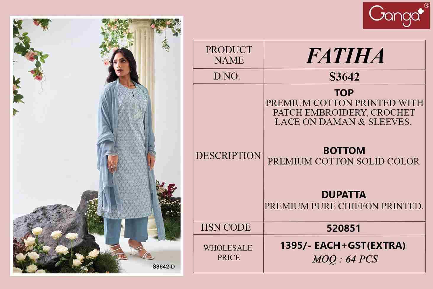 Fatiha-3642 By Ganga Fashion 3642-A To 3642-D Series Beautiful Festive Suits Colorful Stylish Fancy Casual Wear & Ethnic Wear Pure Cotton Dresses At Wholesale Price