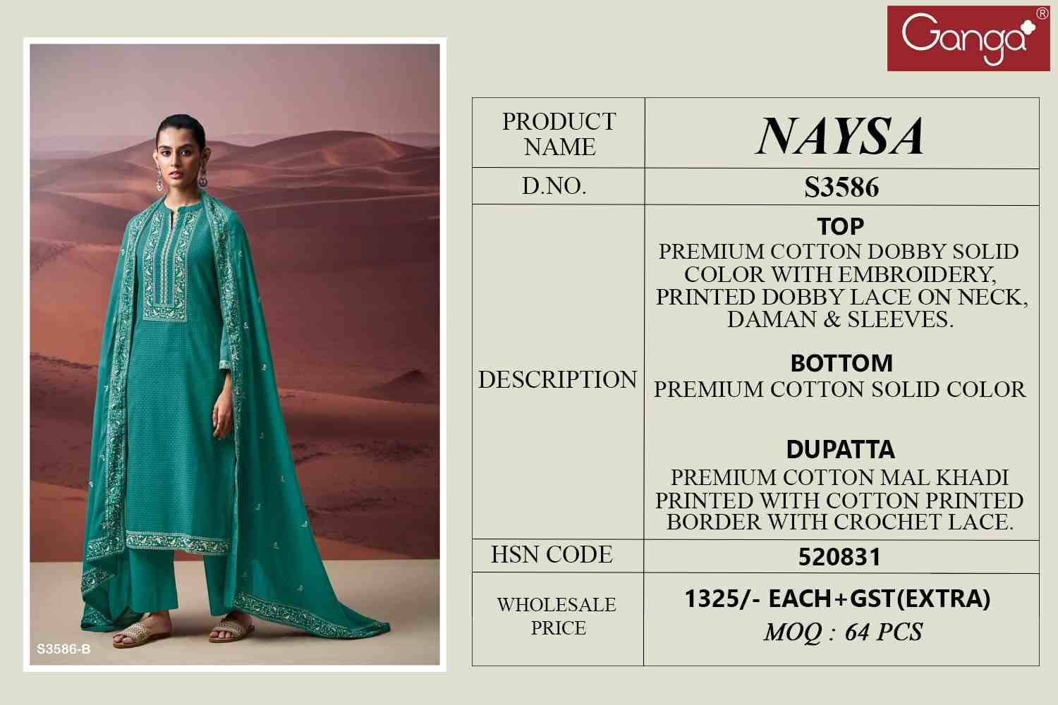 Naysa-3586 By Ganga Fashion 3586-A To 3586-D Series Beautiful Festive Suits Colorful Stylish Fancy Casual Wear & Ethnic Wear Pure Cotton Dresses At Wholesale Price
