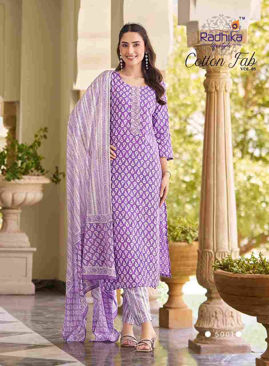 Cotton Fab Vol-5 By Radhika Lifestyle 5001 To 5008 Series Beautiful Stylish Festive Suits Fancy Colorful Casual Wear & Ethnic Wear & Ready To Wear Cotton Print Dresses At Wholesale Price