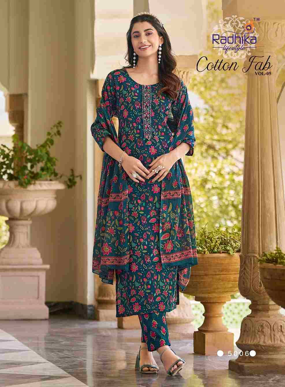 Cotton Fab Vol-5 By Radhika Lifestyle 5001 To 5008 Series Beautiful Stylish Festive Suits Fancy Colorful Casual Wear & Ethnic Wear & Ready To Wear Cotton Print Dresses At Wholesale Price