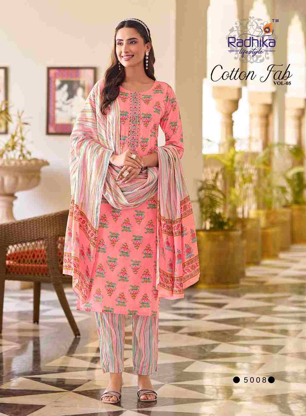Cotton Fab Vol-5 By Radhika Lifestyle 5001 To 5008 Series Beautiful Stylish Festive Suits Fancy Colorful Casual Wear & Ethnic Wear & Ready To Wear Cotton Print Dresses At Wholesale Price