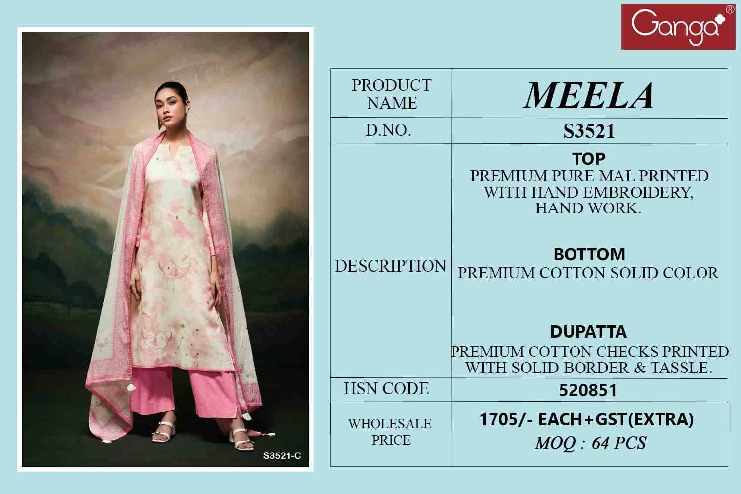 Meela-3521 By Ganga Fashion 3521-A To 3521-D Series Beautiful Festive Suits Colorful Stylish Fancy Casual Wear & Ethnic Wear Pure Mal Dresses At Wholesale Price