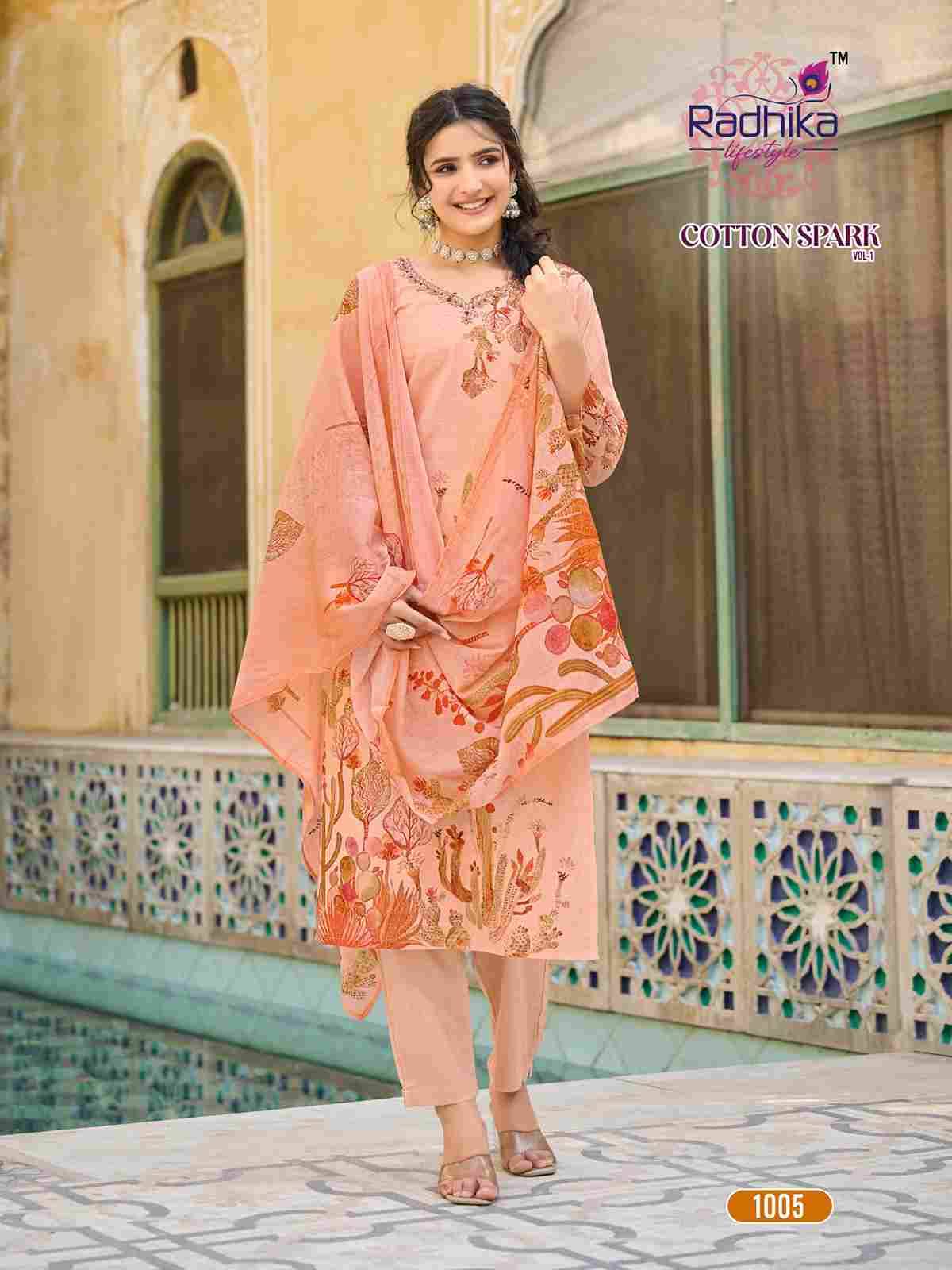 Cotton Spark Vol-1 By Radhika Lifestyle 1001 To 1008 Series Beautiful Stylish Festive Suits Fancy Colorful Casual Wear & Ethnic Wear & Ready To Wear Cotton Print Dresses At Wholesale Price