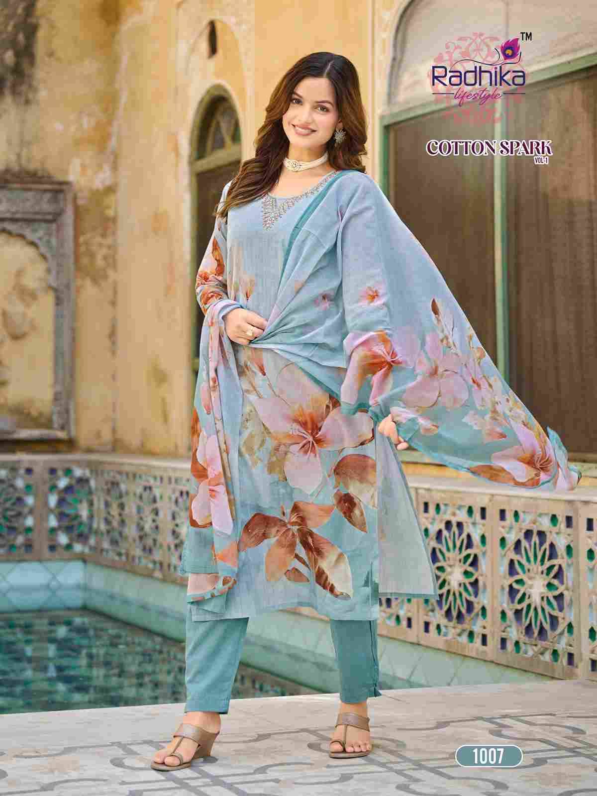 Cotton Spark Vol-1 By Radhika Lifestyle 1001 To 1008 Series Beautiful Stylish Festive Suits Fancy Colorful Casual Wear & Ethnic Wear & Ready To Wear Cotton Print Dresses At Wholesale Price