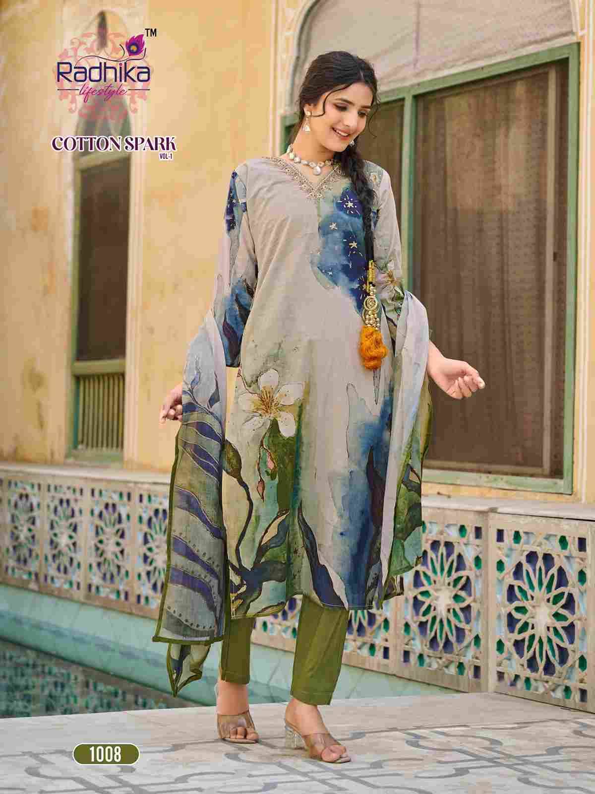 Cotton Spark Vol-1 By Radhika Lifestyle 1001 To 1008 Series Beautiful Stylish Festive Suits Fancy Colorful Casual Wear & Ethnic Wear & Ready To Wear Cotton Print Dresses At Wholesale Price