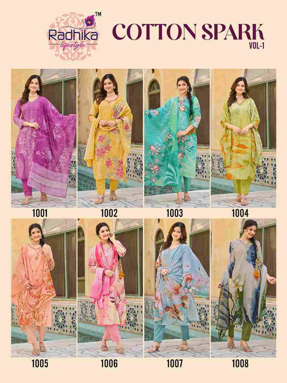 Cotton Spark Vol-1 By Radhika Lifestyle 1001 To 1008 Series Beautiful Stylish Festive Suits Fancy Colorful Casual Wear & Ethnic Wear & Ready To Wear Cotton Print Dresses At Wholesale Price
