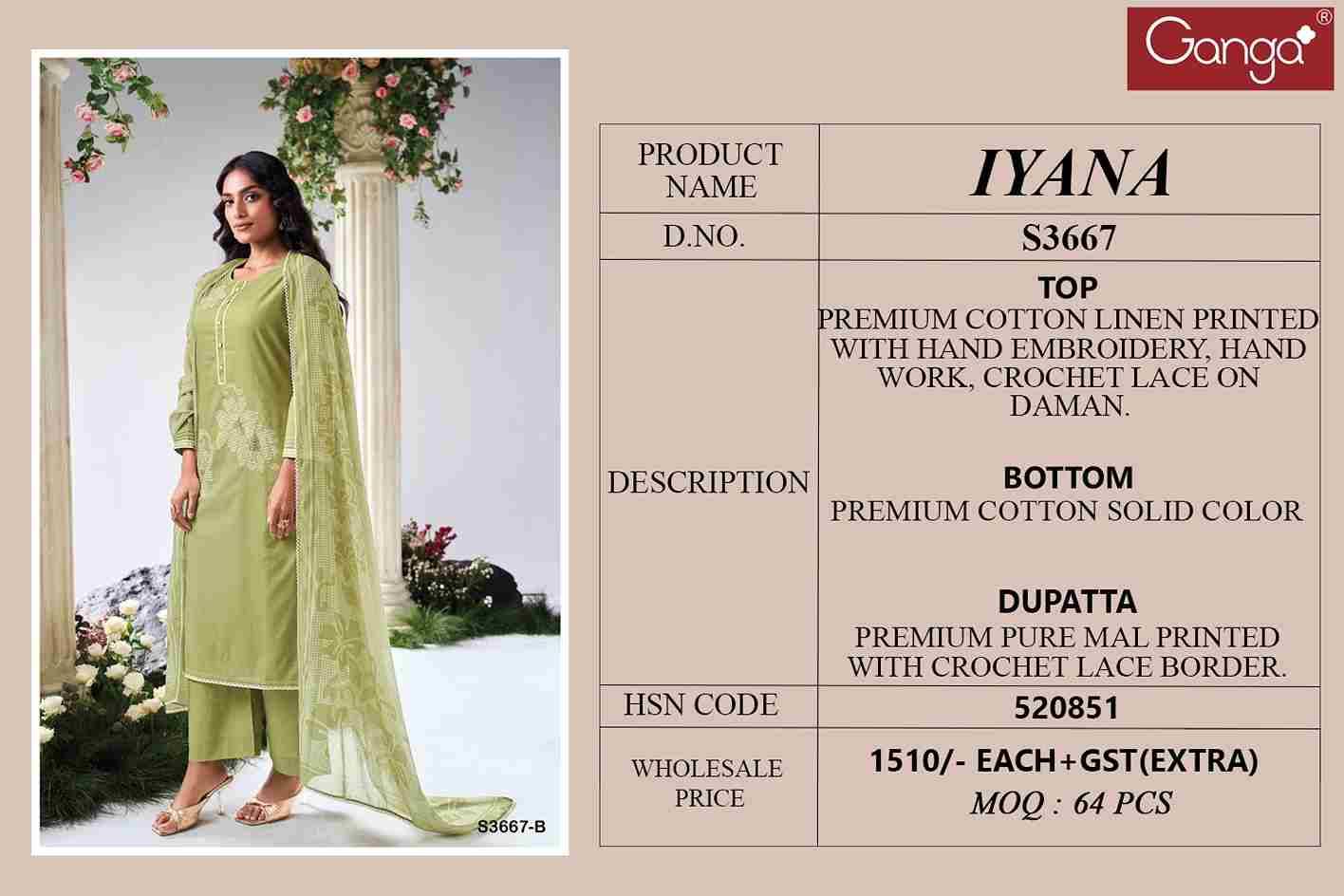 Iyana-3667 By Ganga Fashion 3667-A To 3667-D Series Beautiful Festive Suits Colorful Stylish Fancy Casual Wear & Ethnic Wear Pure Cotton Linen Dresses At Wholesale Price
