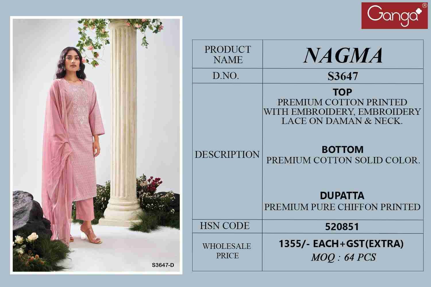 Nagma-3647 By Ganga Fashion 3647-A To 3647-D Series Beautiful Festive Suits Colorful Stylish Fancy Casual Wear & Ethnic Wear Pure Cotton Dresses At Wholesale Price