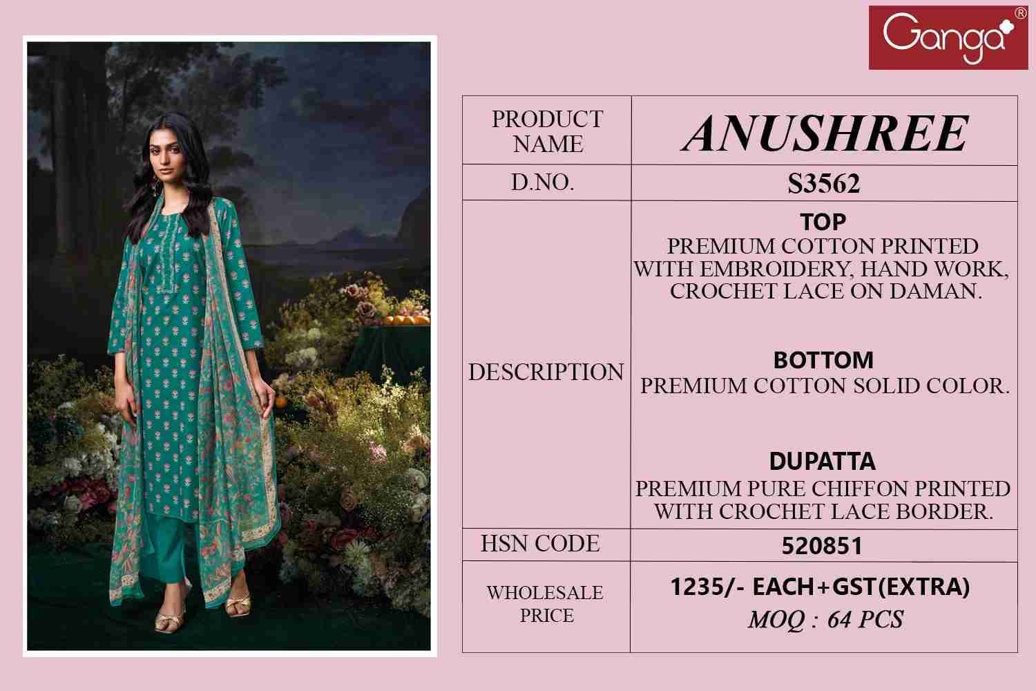 Anushree-3562 By Ganga Fashion 3562-A To 3562-D Series Beautiful Festive Suits Colorful Stylish Fancy Casual Wear & Ethnic Wear Pure Cotton Dresses At Wholesale Price