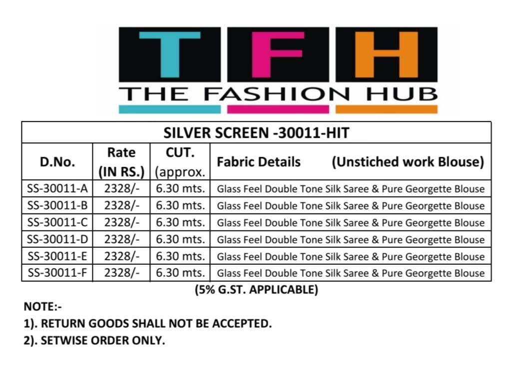 Silver Screen 30011 Colours By TFH 30011 -A To 30011-F Series Indian Traditional Wear Collection Beautiful Stylish Fancy Colorful Party Wear & Occasional Wear Satin Silk Sarees At Wholesale Price