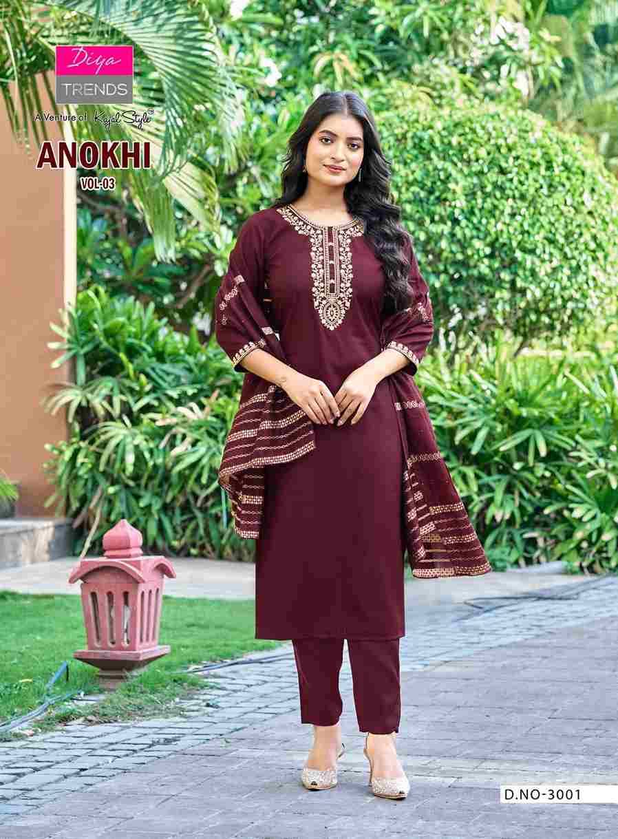 Anokhi Vol-3 By Diya Trends 3001 To 3008 Series Designer Festive Suits Collection Beautiful Stylish Fancy Colorful Party Wear & Occasional Wear Roman Silk Dresses At Wholesale Price