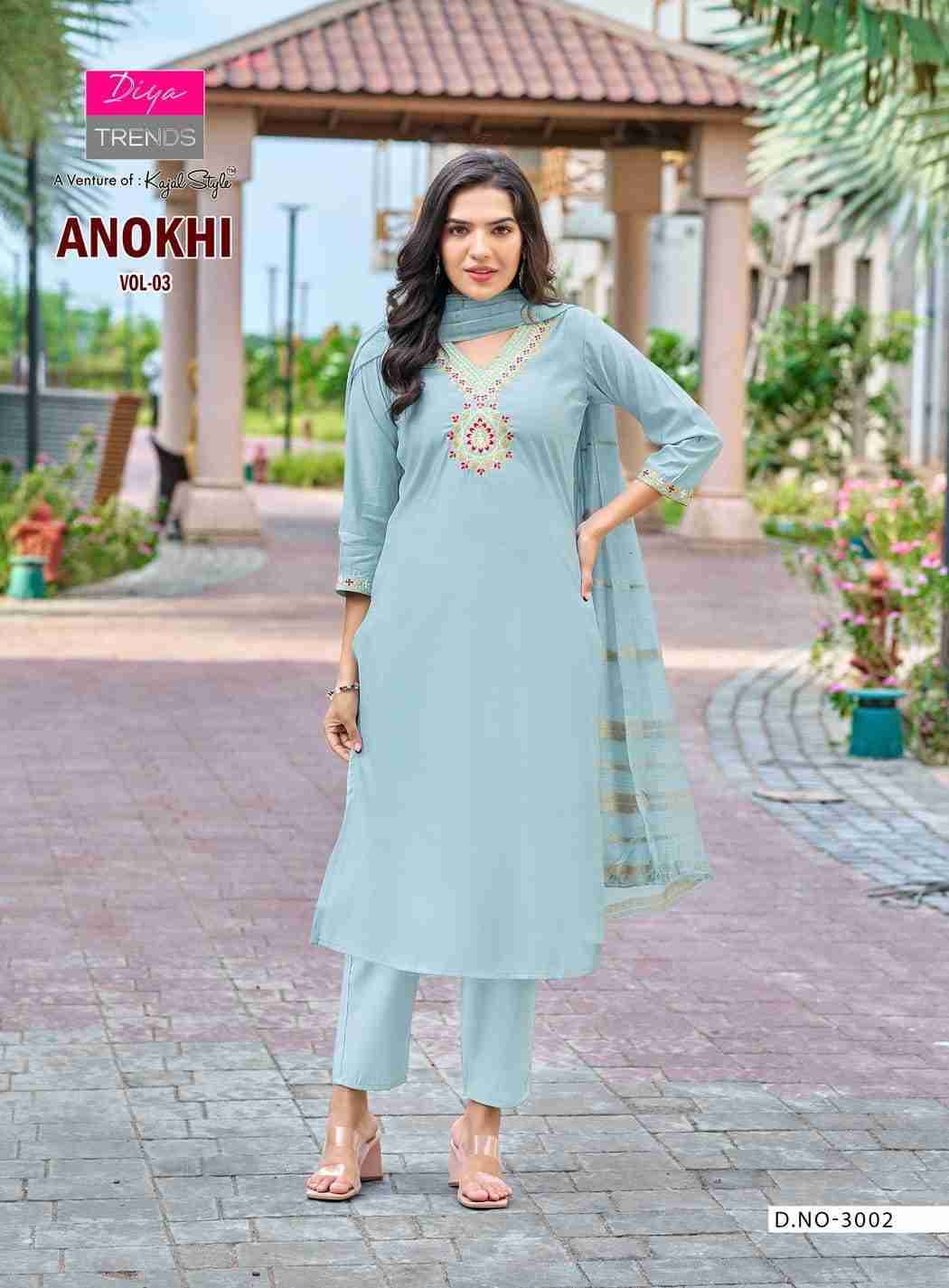 Anokhi Vol-3 By Diya Trends 3001 To 3008 Series Designer Festive Suits Collection Beautiful Stylish Fancy Colorful Party Wear & Occasional Wear Roman Silk Dresses At Wholesale Price