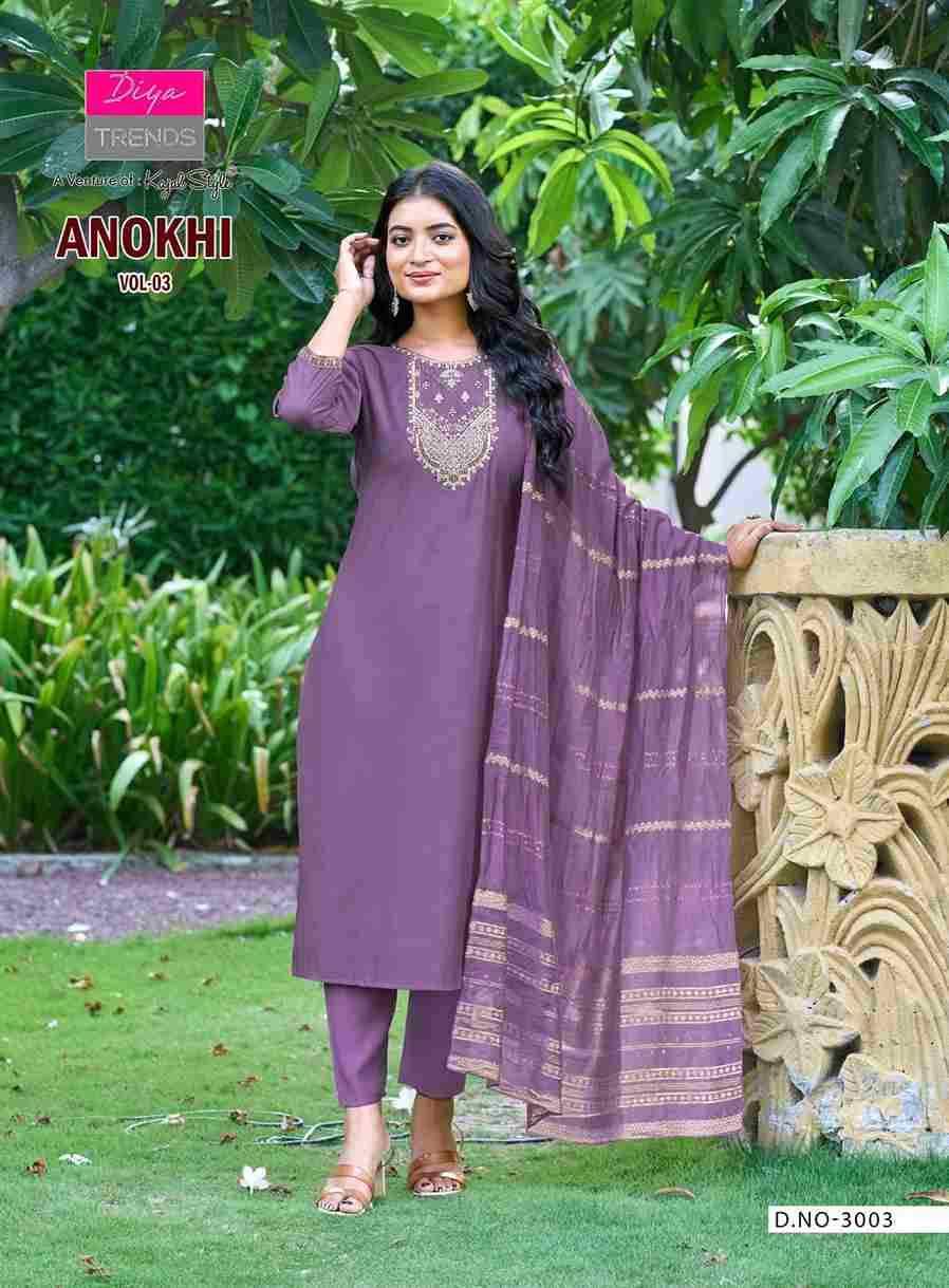Anokhi Vol-3 By Diya Trends 3001 To 3008 Series Designer Festive Suits Collection Beautiful Stylish Fancy Colorful Party Wear & Occasional Wear Roman Silk Dresses At Wholesale Price