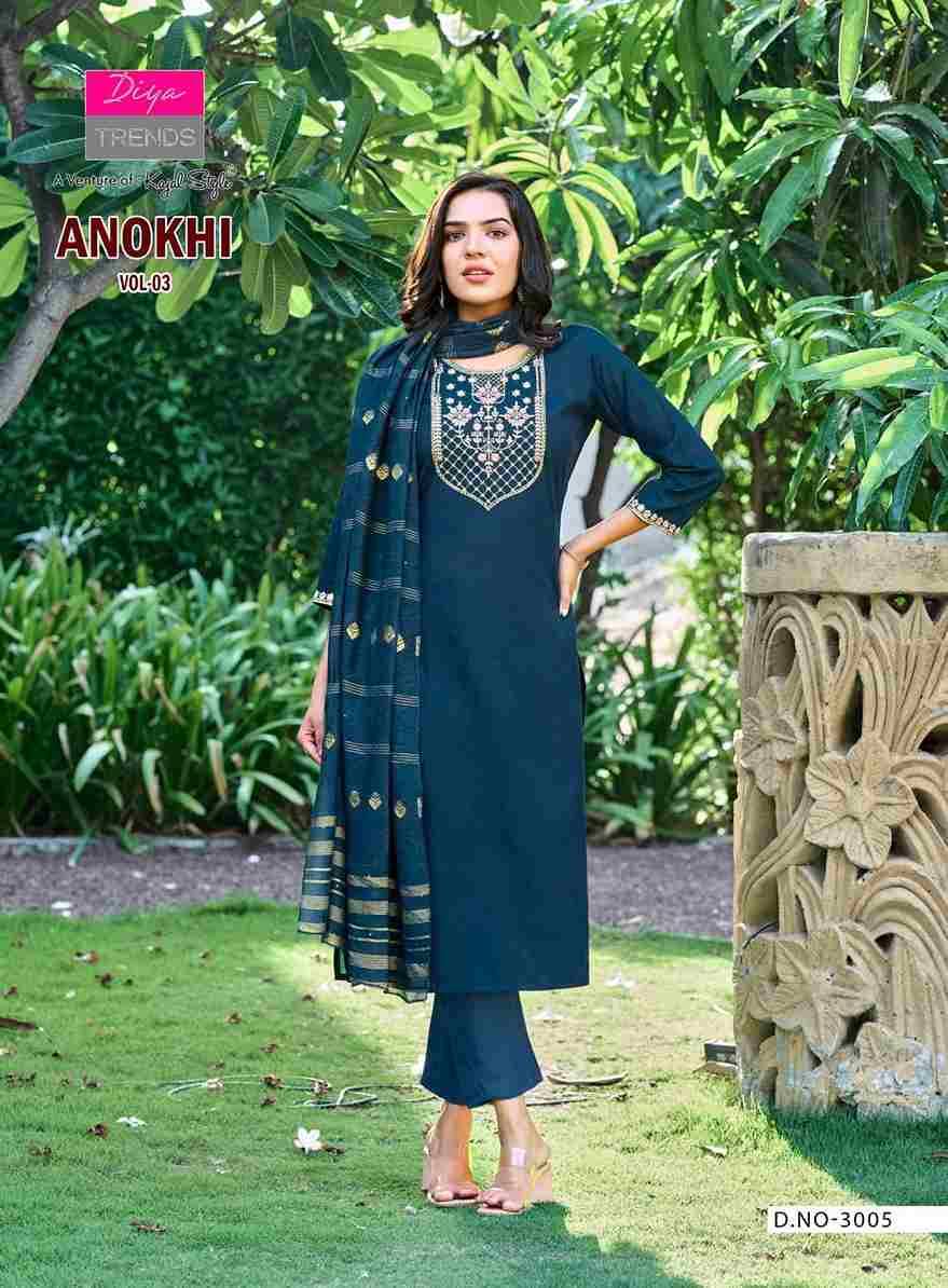Anokhi Vol-3 By Diya Trends 3001 To 3008 Series Designer Festive Suits Collection Beautiful Stylish Fancy Colorful Party Wear & Occasional Wear Roman Silk Dresses At Wholesale Price