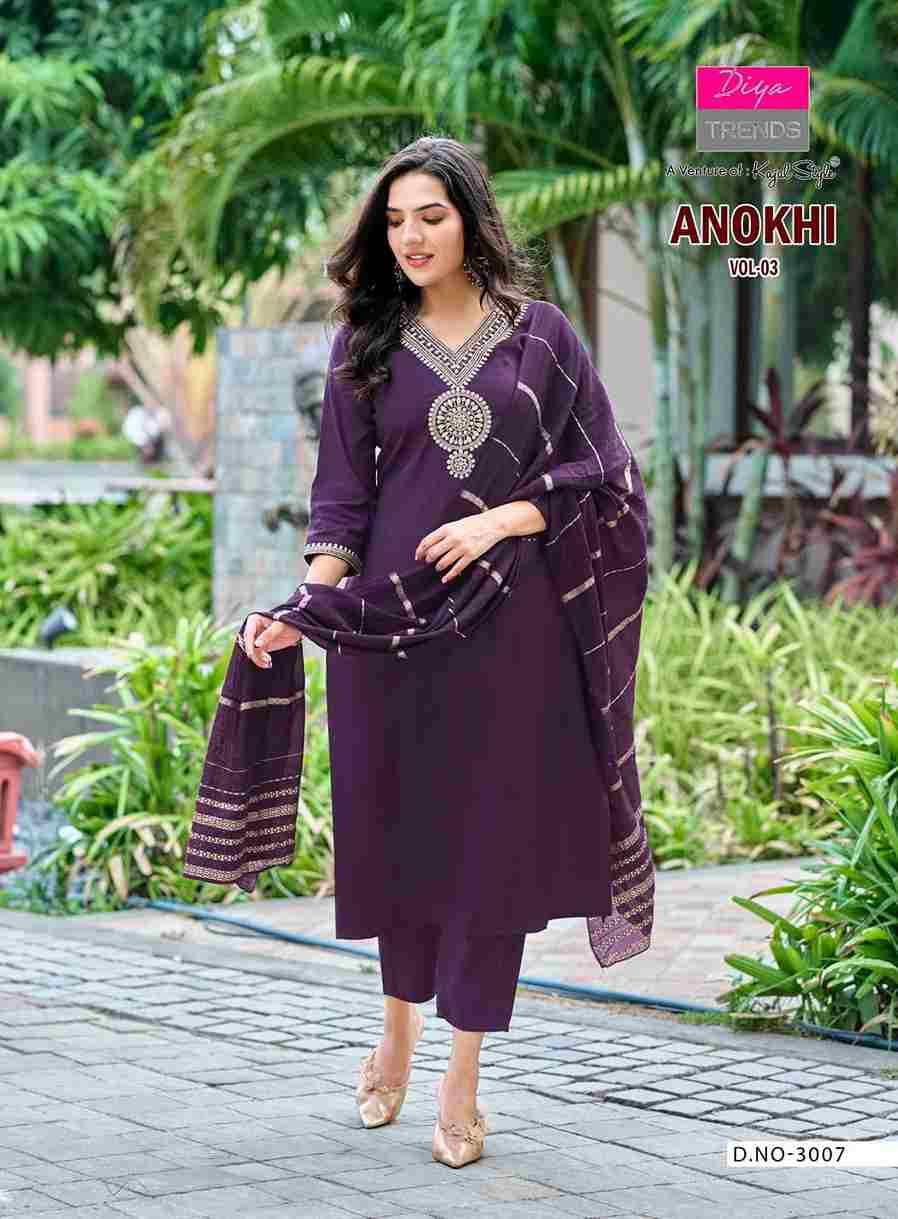 Anokhi Vol-3 By Diya Trends 3001 To 3008 Series Designer Festive Suits Collection Beautiful Stylish Fancy Colorful Party Wear & Occasional Wear Roman Silk Dresses At Wholesale Price