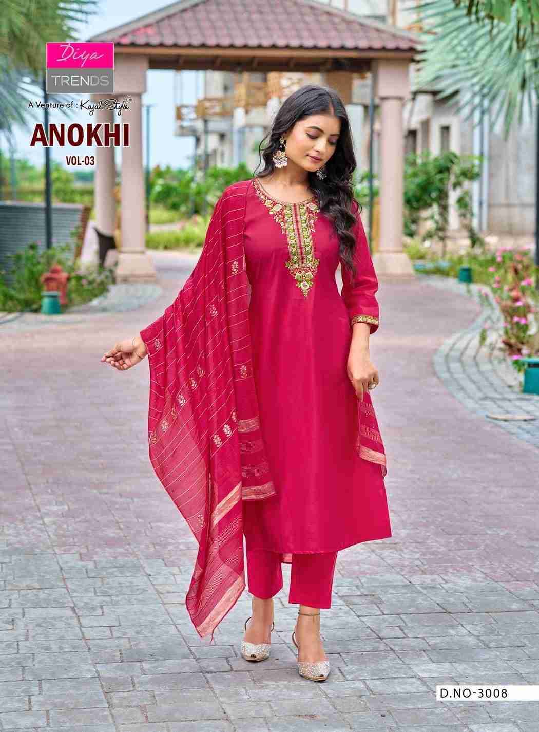 Anokhi Vol-3 By Diya Trends 3001 To 3008 Series Designer Festive Suits Collection Beautiful Stylish Fancy Colorful Party Wear & Occasional Wear Roman Silk Dresses At Wholesale Price