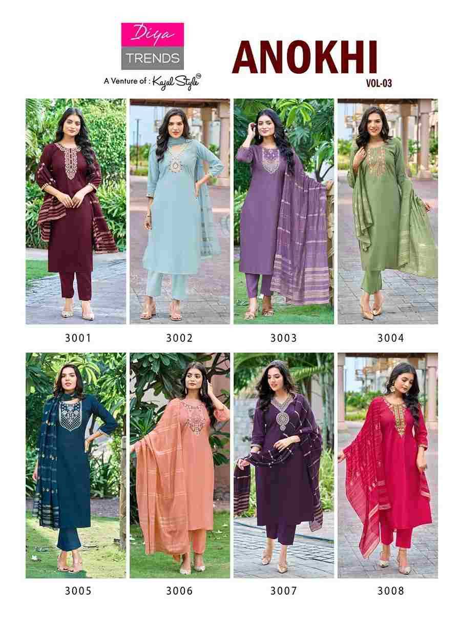 Anokhi Vol-3 By Diya Trends 3001 To 3008 Series Designer Festive Suits Collection Beautiful Stylish Fancy Colorful Party Wear & Occasional Wear Roman Silk Dresses At Wholesale Price