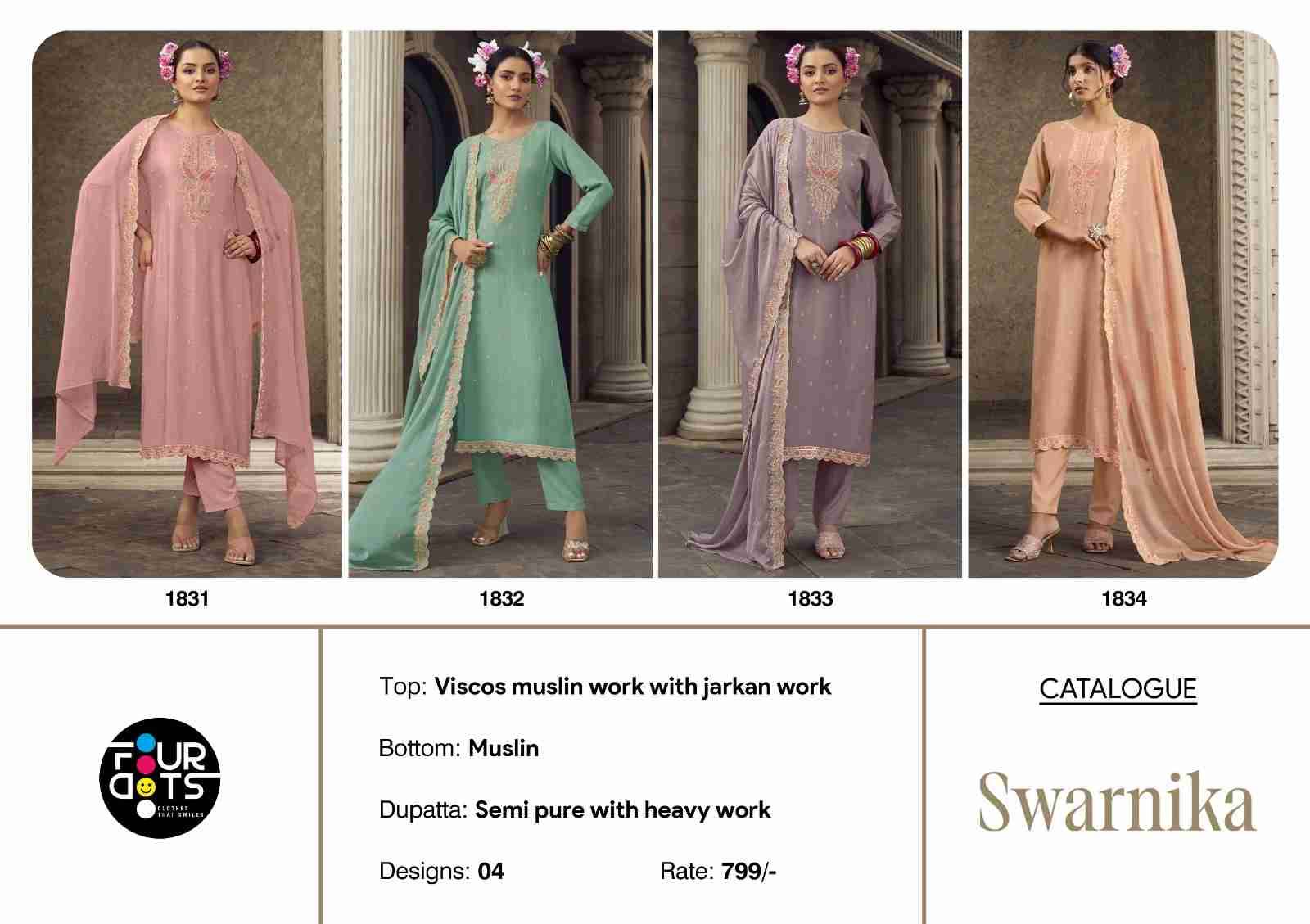 Swarnika By Four Dots 1831 To 1834 Series Beautiful Stylish Festive Suits Fancy Colorful Casual Wear & Ethnic Wear & Ready To Wear Viscose Muslin Dresses At Wholesale Price
