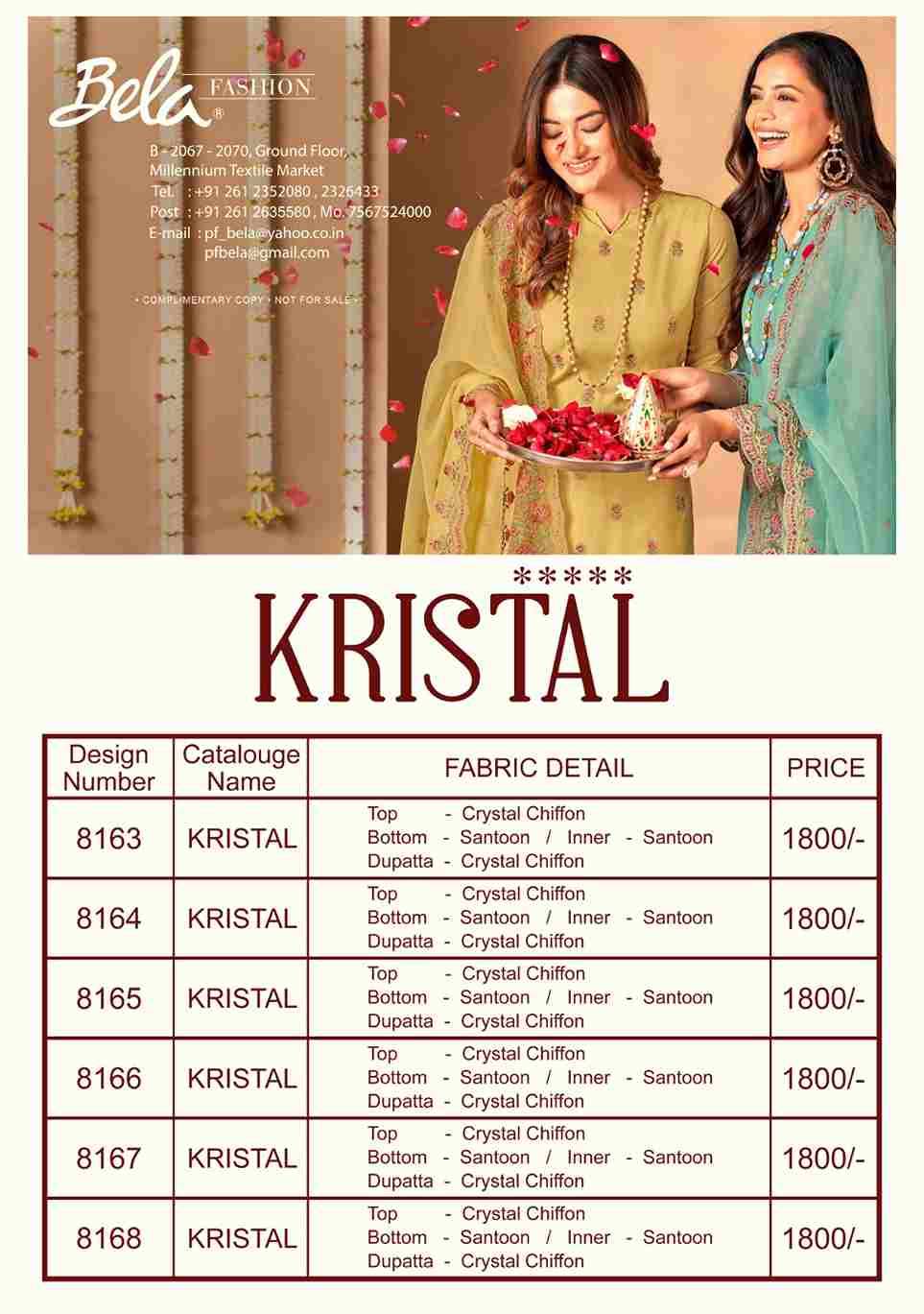 Kristal By Bela Fashion 8163 To 8168 Series Beautiful Suits Colorful Stylish Fancy Casual Wear & Ethnic Wear Chiffon Dresses At Wholesale Price