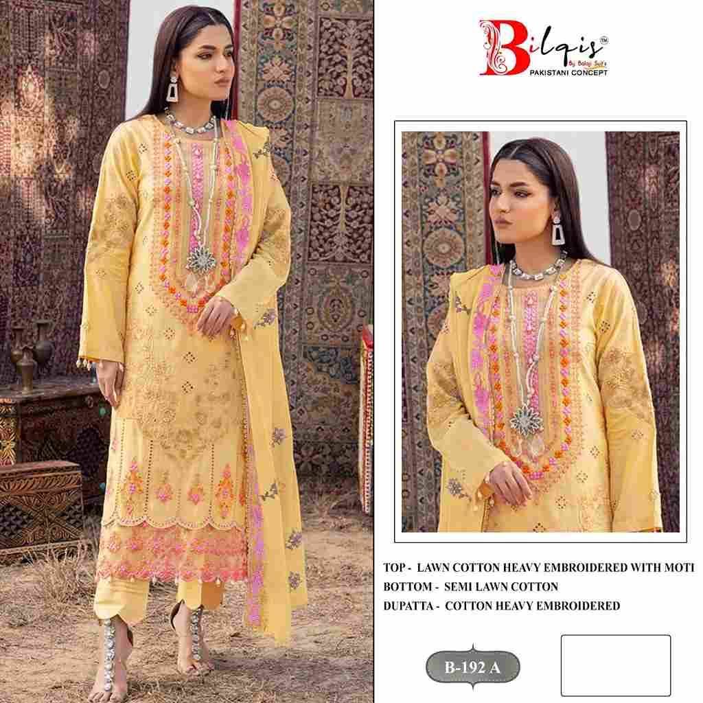 Bilqis 192 Colours By Bilqis 192-A To 192-D Series Beautiful Pakistani Suits Stylish Fancy Colorful Party Wear & Occasional Wear Cotton Lawn Embroidery Dresses At Wholesale Price
