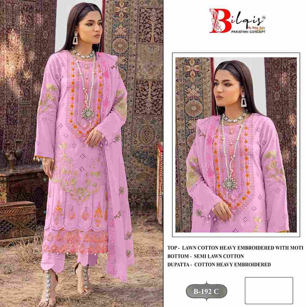 Bilqis 192 Colours By Bilqis 192-A To 192-D Series Beautiful Pakistani Suits Stylish Fancy Colorful Party Wear & Occasional Wear Cotton Lawn Embroidery Dresses At Wholesale Price