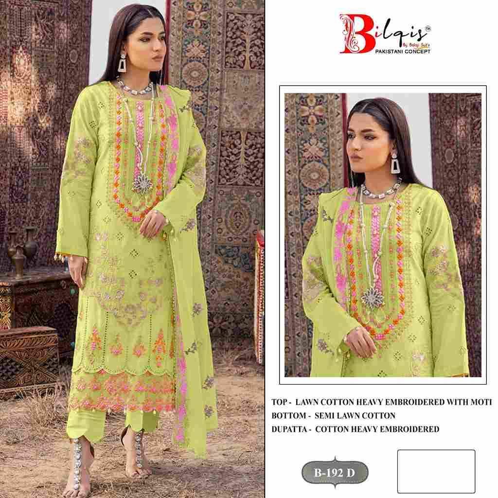 Bilqis 192 Colours By Bilqis 192-A To 192-D Series Beautiful Pakistani Suits Stylish Fancy Colorful Party Wear & Occasional Wear Cotton Lawn Embroidery Dresses At Wholesale Price