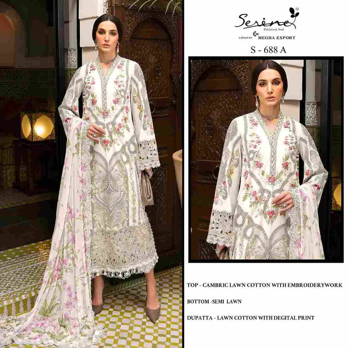 Serene Hit Design S-688 Colours By Serene S-688-A To S-688-D Series Designer Pakistani Suits Beautiful Fancy Colorful Stylish Party Wear & Occasional Wear Cambric Lawn Cotton Embroidered Dresses At Wholesale Price