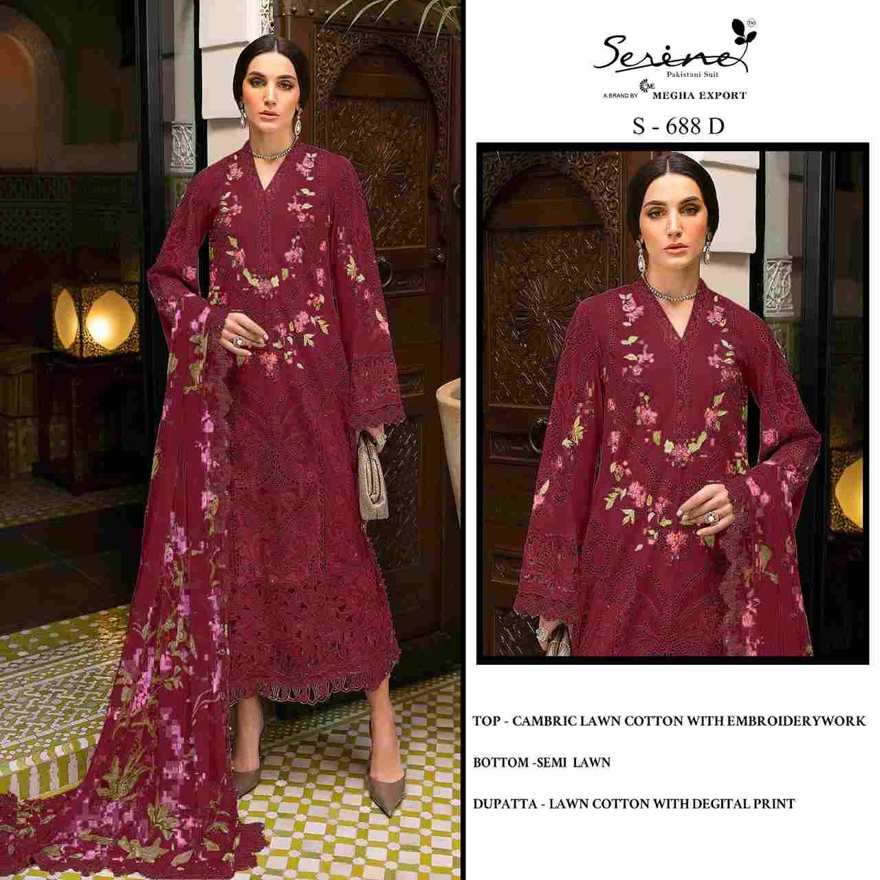 Serene Hit Design S-688 Colours By Serene S-688-A To S-688-D Series Designer Pakistani Suits Beautiful Fancy Colorful Stylish Party Wear & Occasional Wear Cambric Lawn Cotton Embroidered Dresses At Wholesale Price
