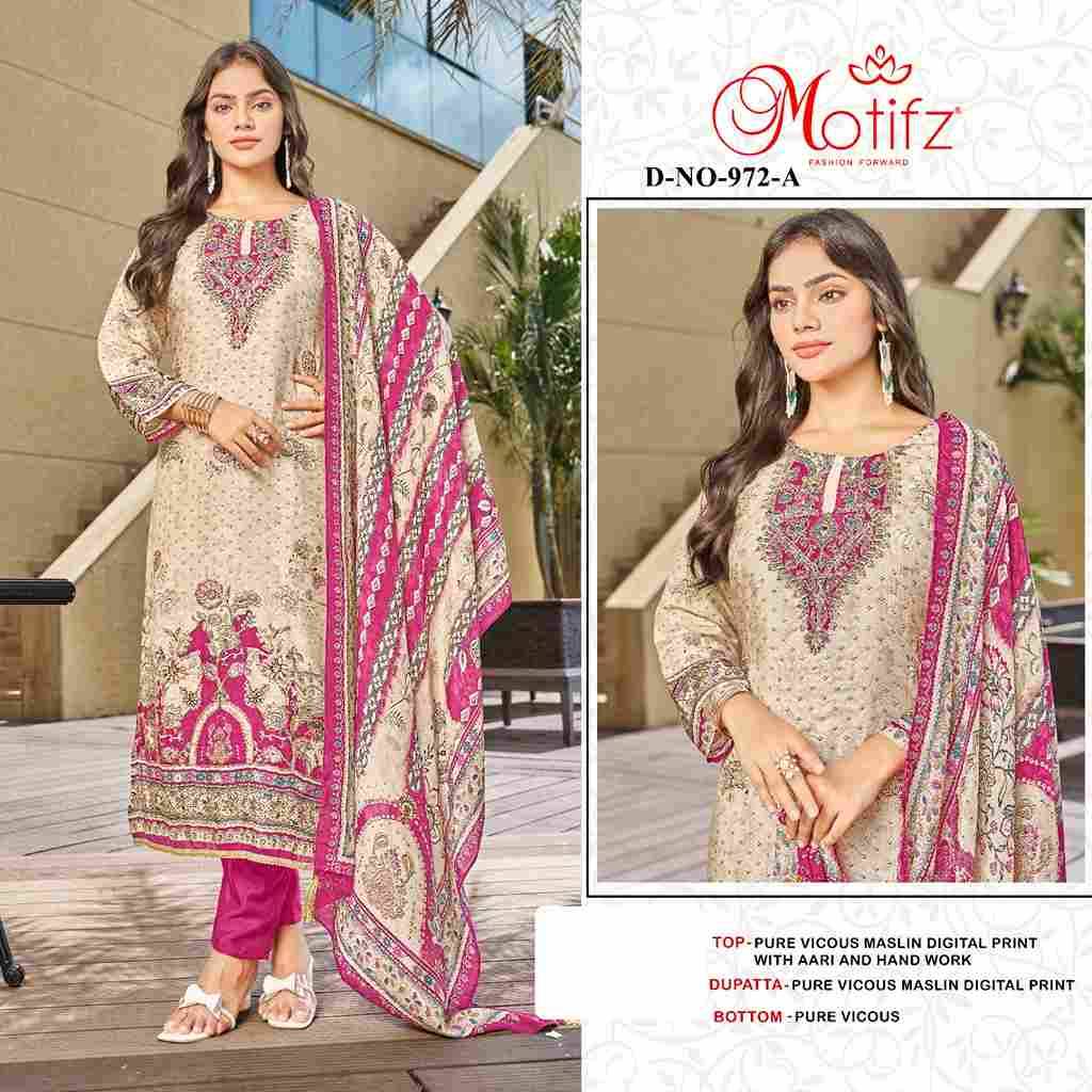 Motifz Hit Design 972 Colours By Motifz 972-A To 972-D Series Beautiful Pakistani Suits Colorful Stylish Fancy Casual Wear & Ethnic Wear Viscose Muslin Dresses At Wholesale Price