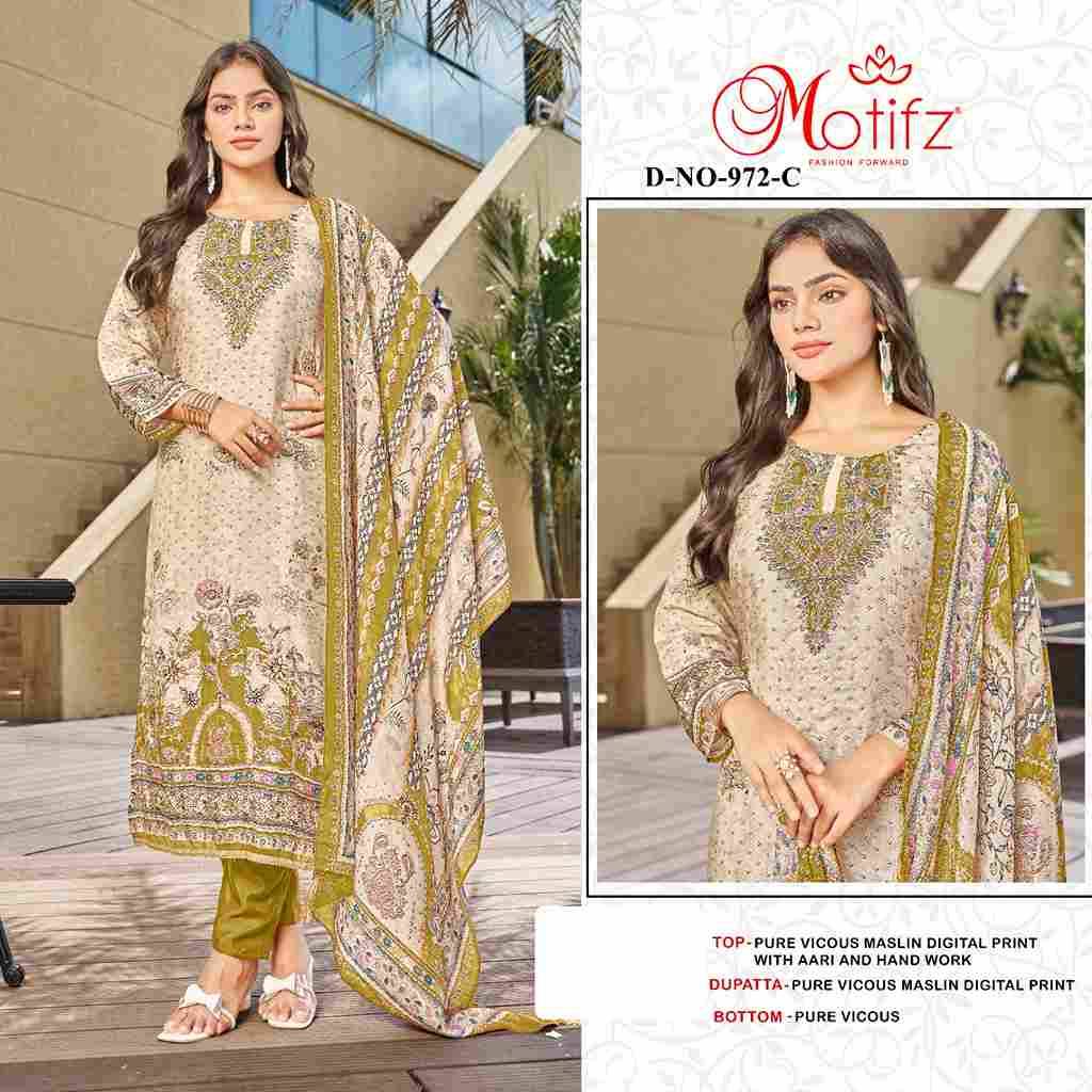 Motifz Hit Design 972 Colours By Motifz 972-A To 972-D Series Beautiful Pakistani Suits Colorful Stylish Fancy Casual Wear & Ethnic Wear Viscose Muslin Dresses At Wholesale Price