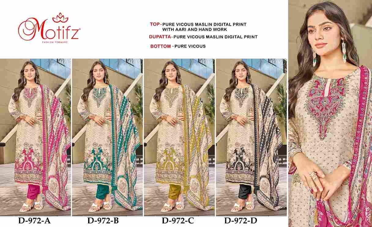 Motifz Hit Design 972 Colours By Motifz 972-A To 972-D Series Beautiful Pakistani Suits Colorful Stylish Fancy Casual Wear & Ethnic Wear Viscose Muslin Dresses At Wholesale Price