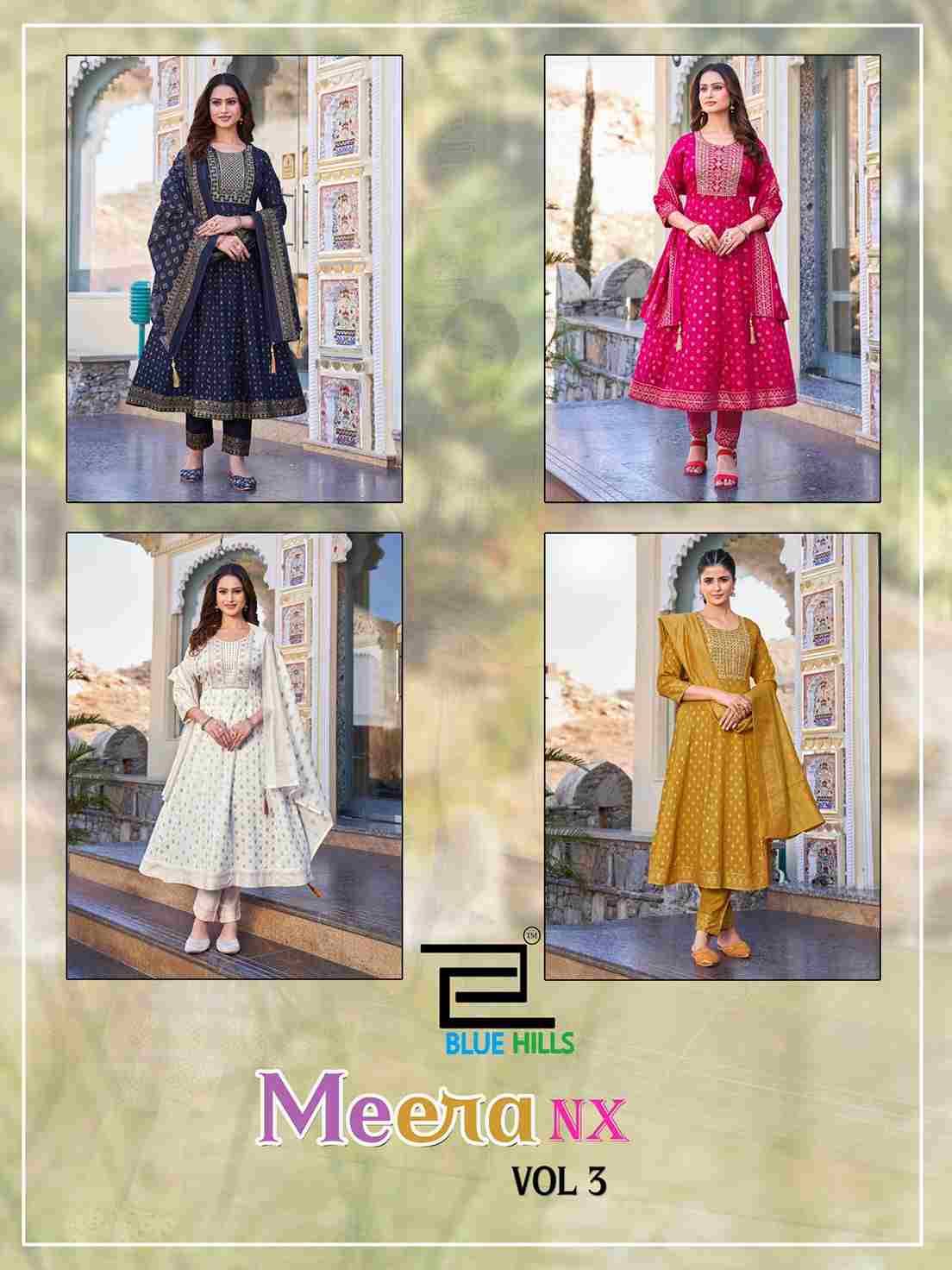 Meera Vol-3 Nx By Blue Hills 3001 To 3004 Series Designer Festive Suits Beautiful Fancy Colorful Stylish Party Wear & Occasional Wear Rayon Dresses At Wholesale Price