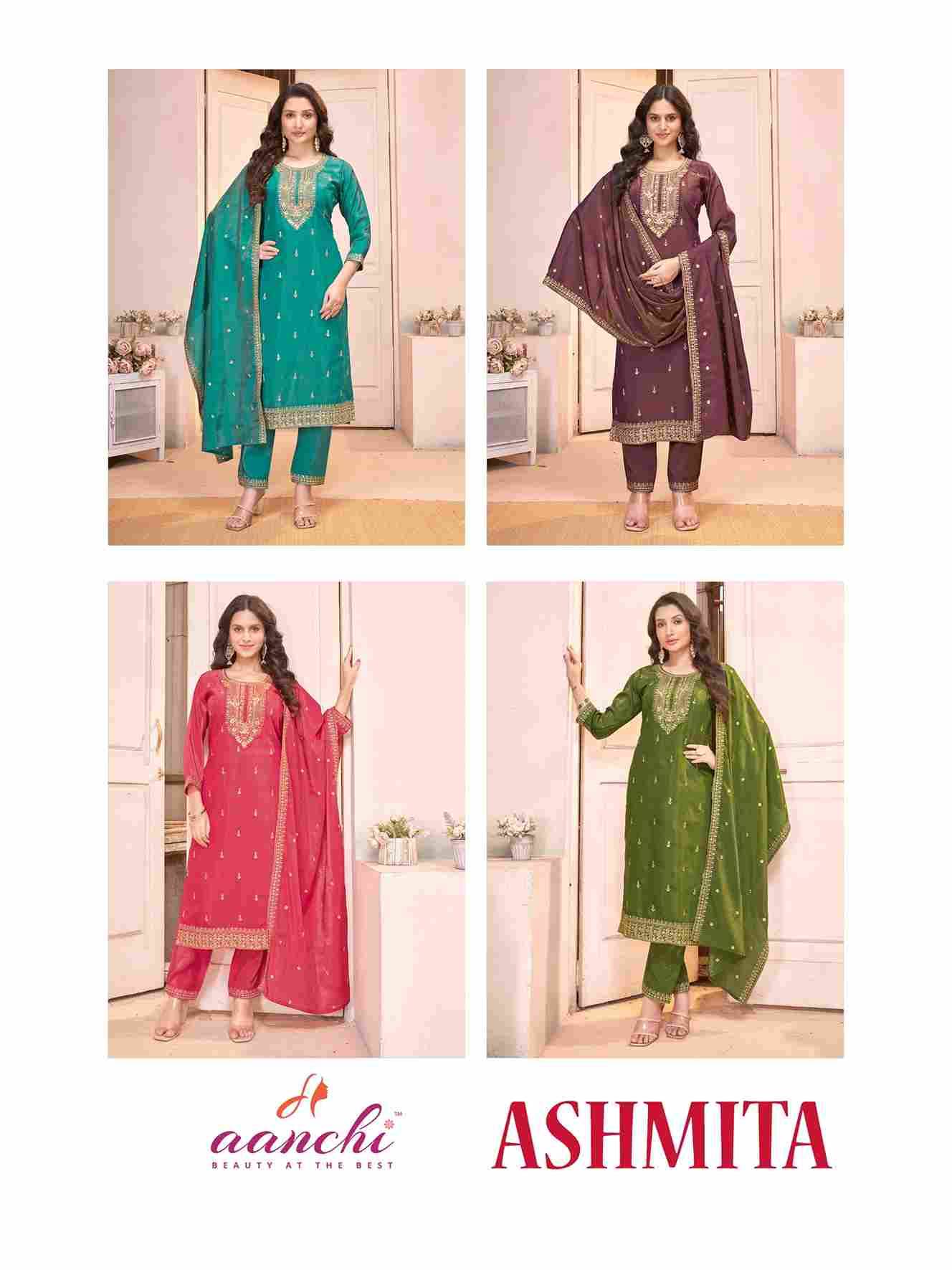 Ashmita By Aanchi 1001 To 1004 Series Beautiful Festive Suits Colorful Stylish Fancy Casual Wear & Ethnic Wear Roman Shimmer Dresses At Wholesale Price