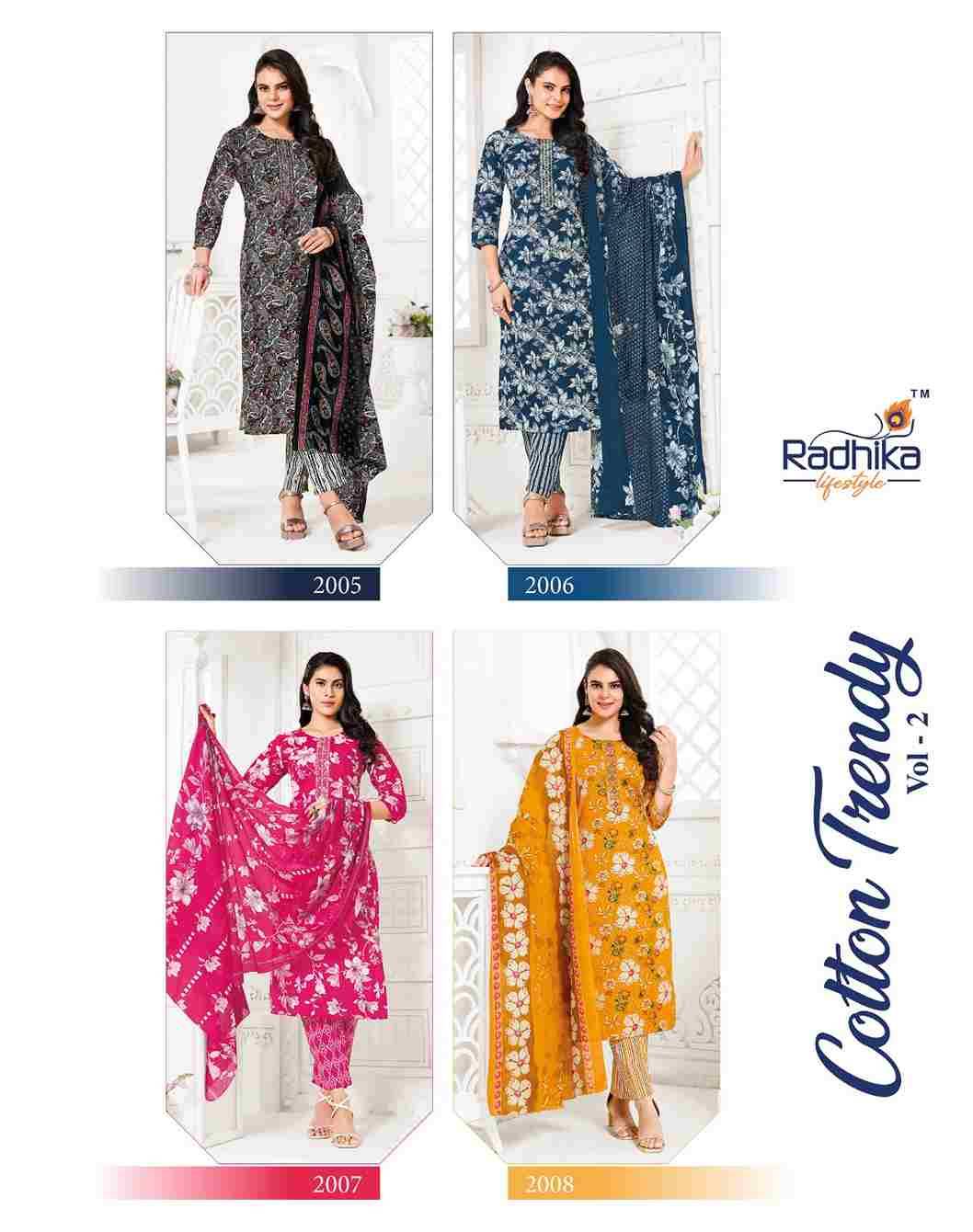 Cotton Trendy Vol-2 By Radhika Lifestyle 2001 To 2008 Series Beautiful Festive Suits Colorful Stylish Fancy Casual Wear & Ethnic Wear Pure Cotton Print Dresses At Wholesale Price