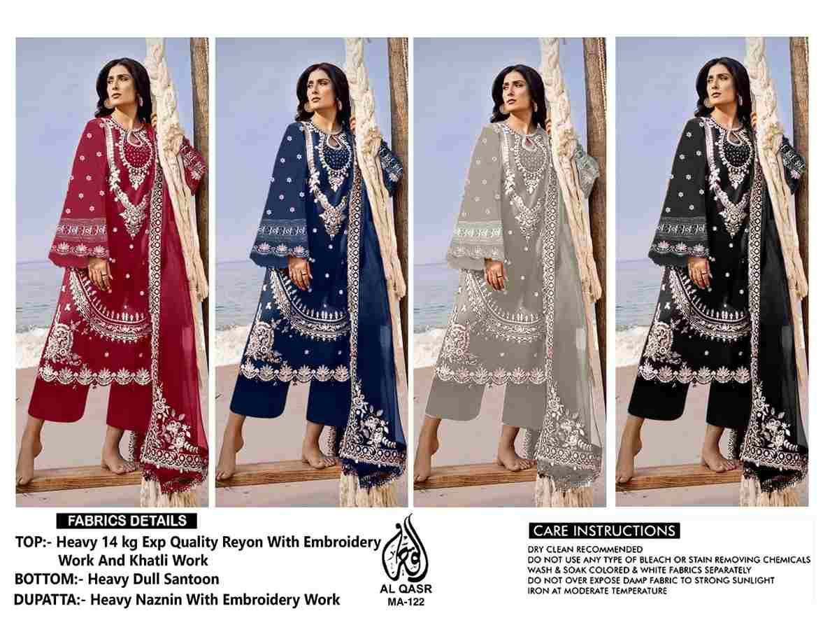 MA-122 Colours By Al Qasr 122-A To 122-D Series Beautiful Pakistani Suits Colorful Stylish Fancy Casual Wear & Ethnic Wear Pure Rayon Cotton Dresses At Wholesale Price