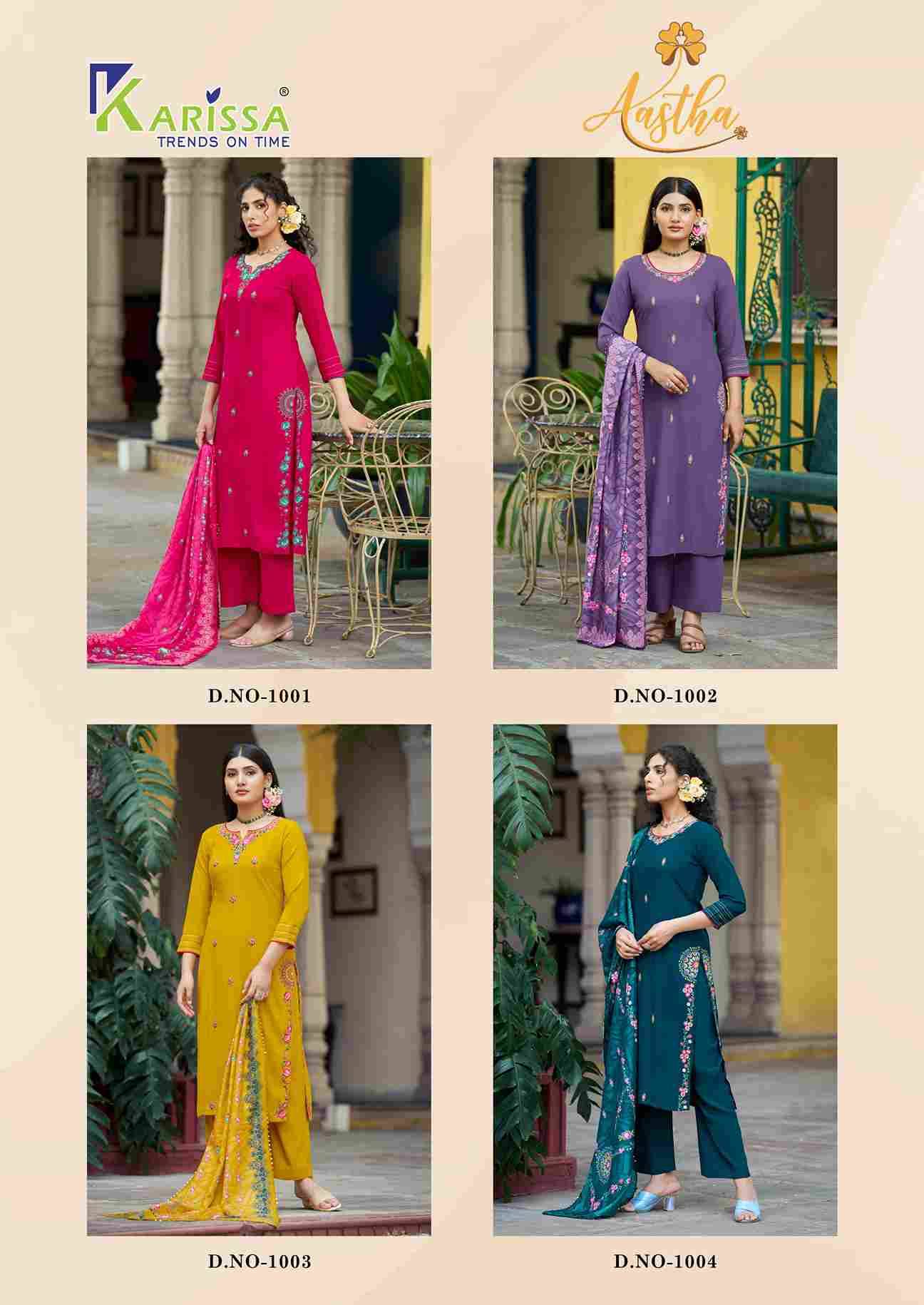 Aastha By Karissa 1001 To 1004 Series Beautiful Festive Suits Colorful Stylish Fancy Casual Wear & Ethnic Wear Pure Rayon Dresses At Wholesale Price