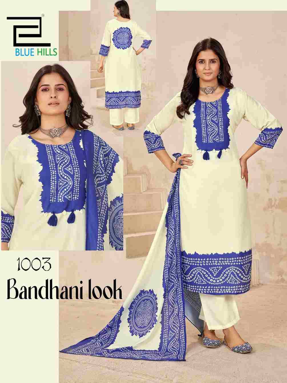 Bandhani Look By Blue Hills 1001 To 1004 Series Beautiful Festive Suits Colorful Stylish Fancy Casual Wear & Ethnic Wear Muslin With Work Dresses At Wholesale Price