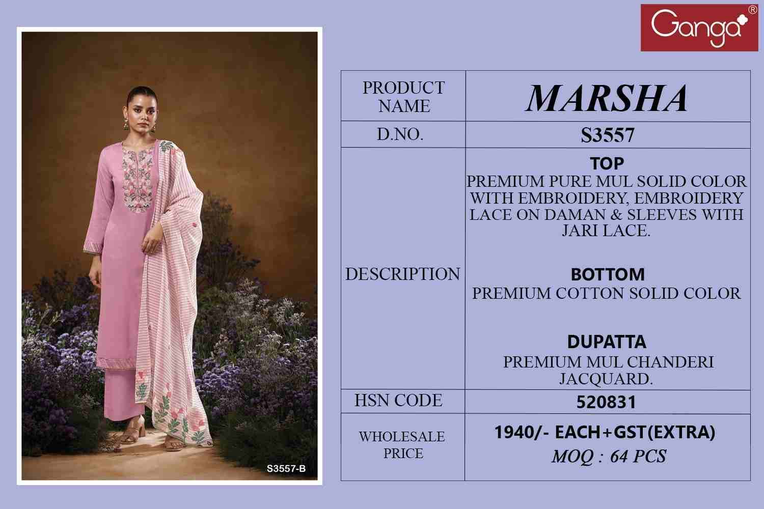 Marsha-3557 By Ganga Fashion 3557-A To 3557-C Series Beautiful Festive Suits Colorful Stylish Fancy Casual Wear & Ethnic Wear Pure Mal Dresses At Wholesale Price