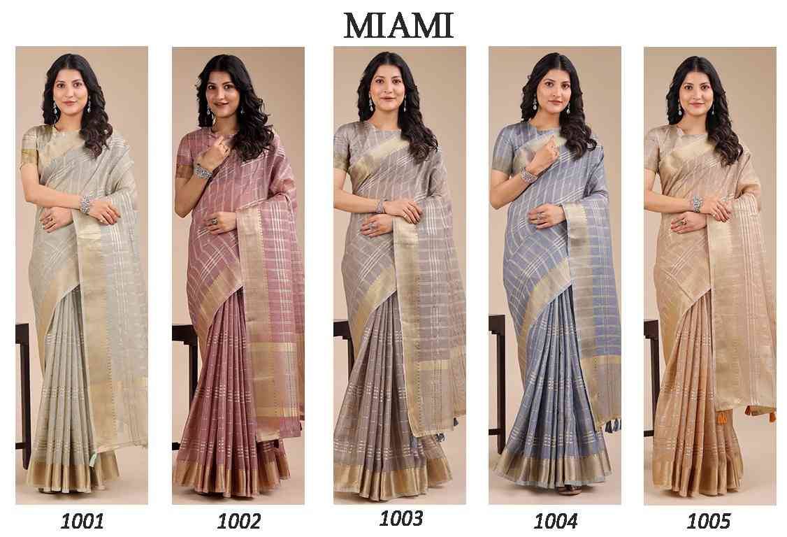 Miami By Fashid Wholesale 1001 To 1005 Series Indian Traditional Wear Collection Beautiful Stylish Fancy Colorful Party Wear & Occasional Wear Organza Sarees At Wholesale Price
