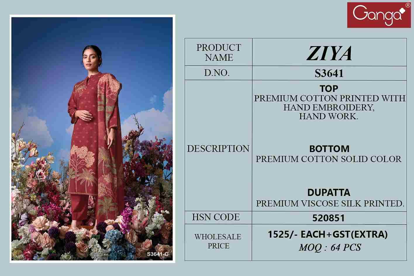 Ziya-3641 By Ganga Fashion 3641-A To 3641-D Series Beautiful Festive Suits Colorful Stylish Fancy Casual Wear & Ethnic Wear Pure Cotton Dresses At Wholesale Price