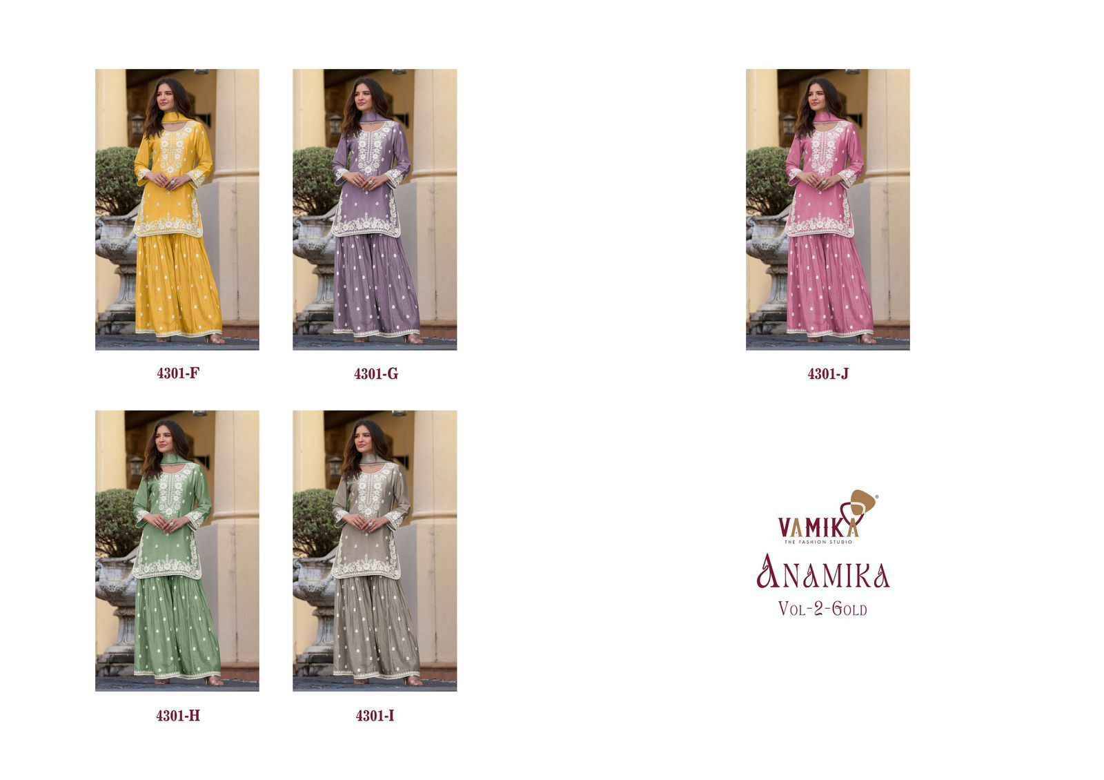Anamika Vol-2 Gold By Vamika 4301-F To 4301-J Series Designer Sharara Stylish Fancy Colorful Beautiful Party Wear & Ethnic Wear Collection Chinnon Dresses At Wholesale Price