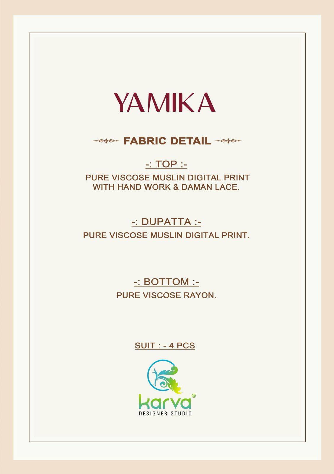 Yamika By Karva Designer Studio 01 To 04 Series Beautiful Festive Suits Colorful Stylish Fancy Casual Wear & Ethnic Wear Pure Viscose Muslin Dresses At Wholesale Price