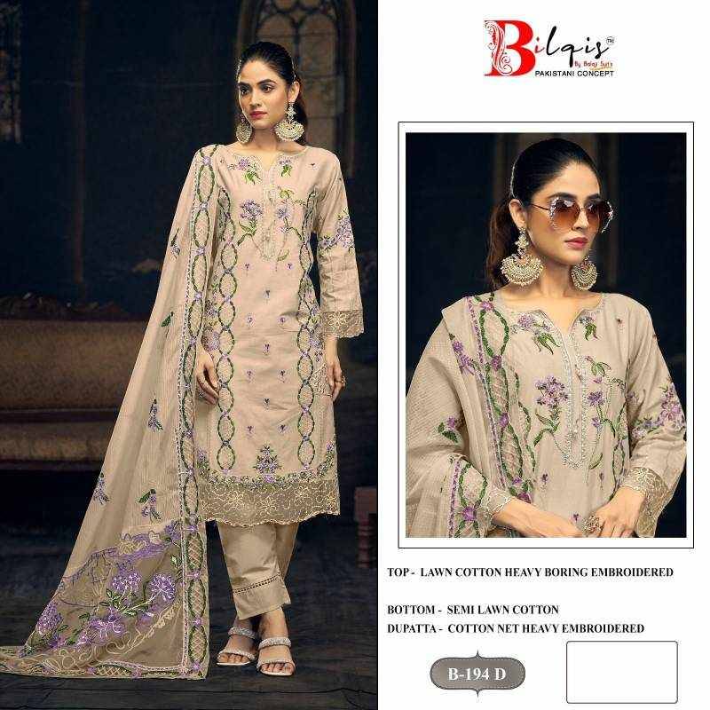Bilqis 194 Colours By Bilqis 194-A To 194-D Series Beautiful Pakistani Suits Stylish Fancy Colorful Party Wear & Occasional Wear Cotton Lawn Embroidery Dresses At Wholesale Price
