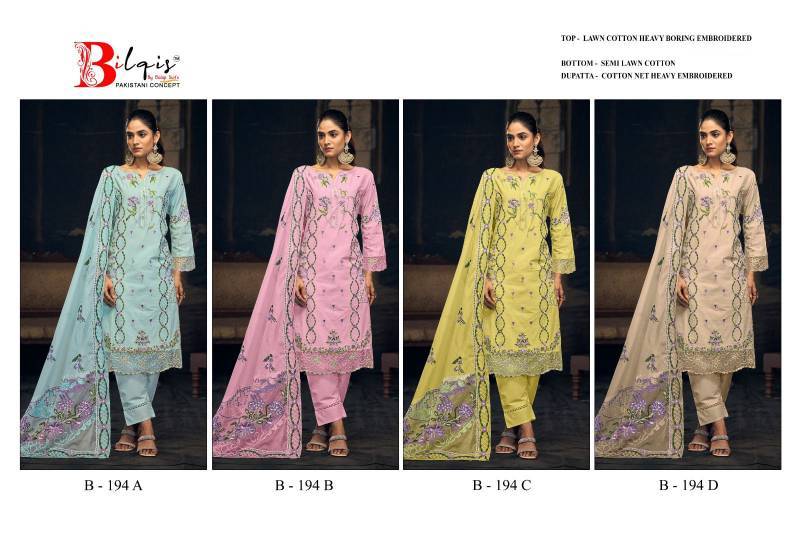 Bilqis 194 Colours By Bilqis 194-A To 194-D Series Beautiful Pakistani Suits Stylish Fancy Colorful Party Wear & Occasional Wear Cotton Lawn Embroidery Dresses At Wholesale Price
