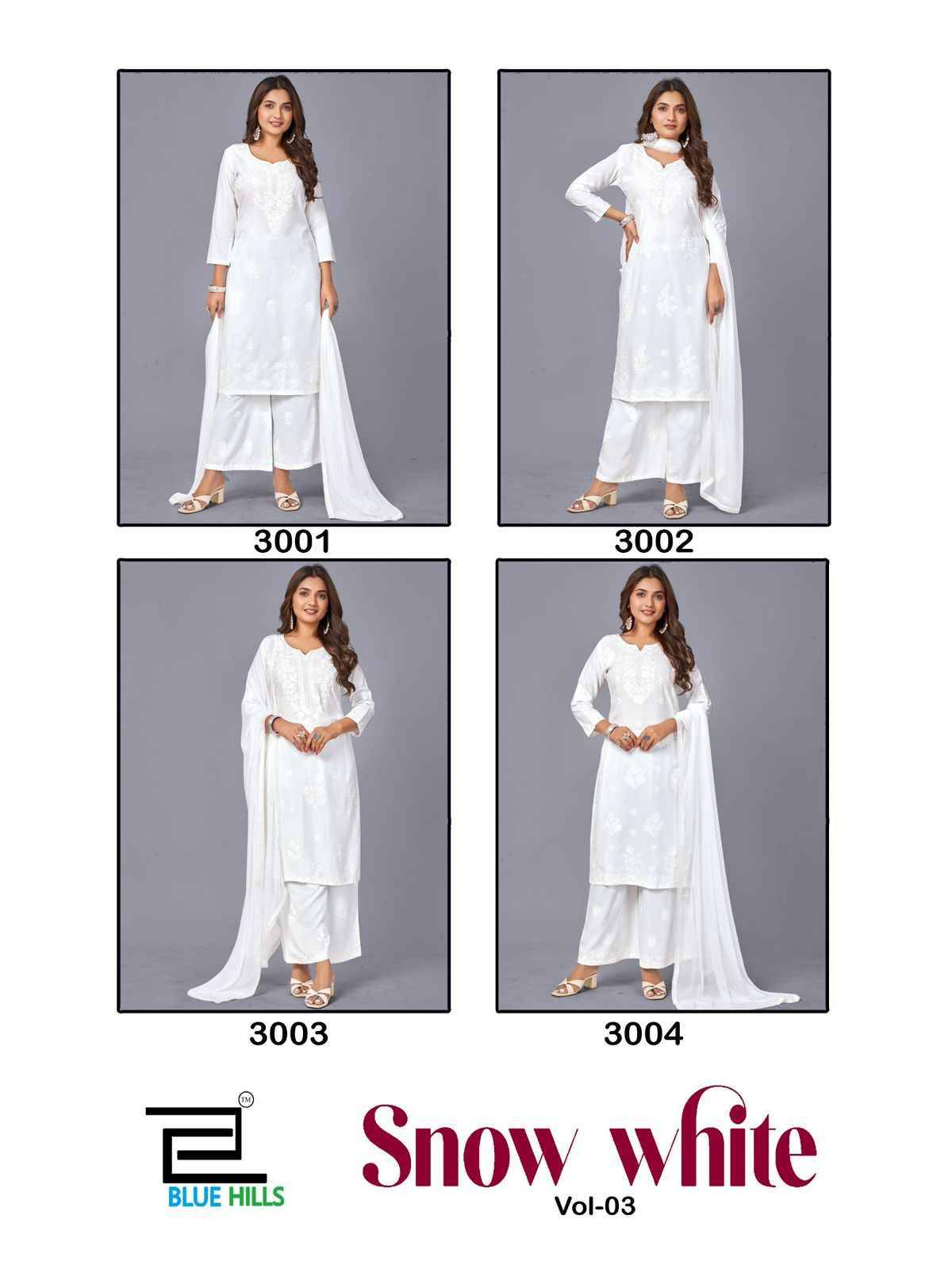Snow White Vol-3 By Blue Hills 3001 To 3004 Series Beautiful Festive Suits Colorful Stylish Fancy Casual Wear & Ethnic Wear Rayon With Work Dresses At Wholesale Price