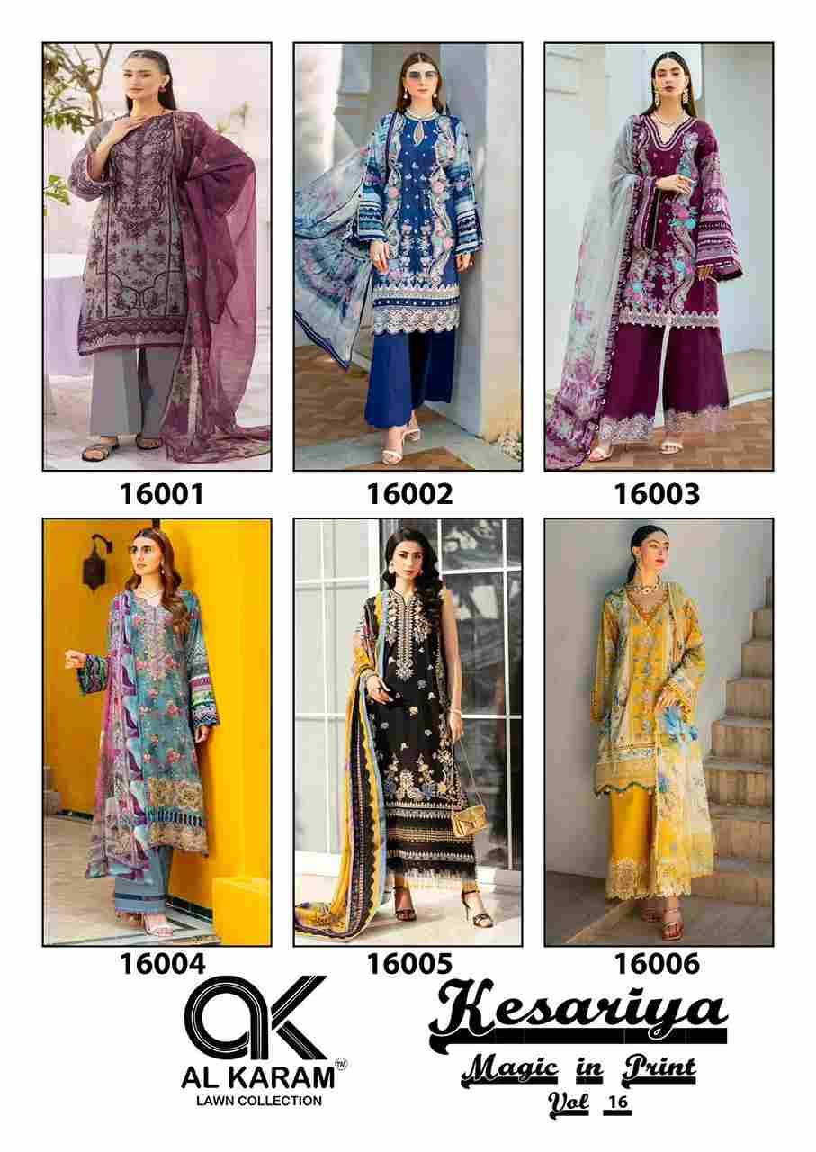 Kesariya Vol-16 By Al Karam Lawn Collection 16001 To 16006 Series Beautiful Festive Suits Colorful Stylish Fancy Casual Wear & Ethnic Wear Pure Cambric Embroidered Dresses At Wholesale Price