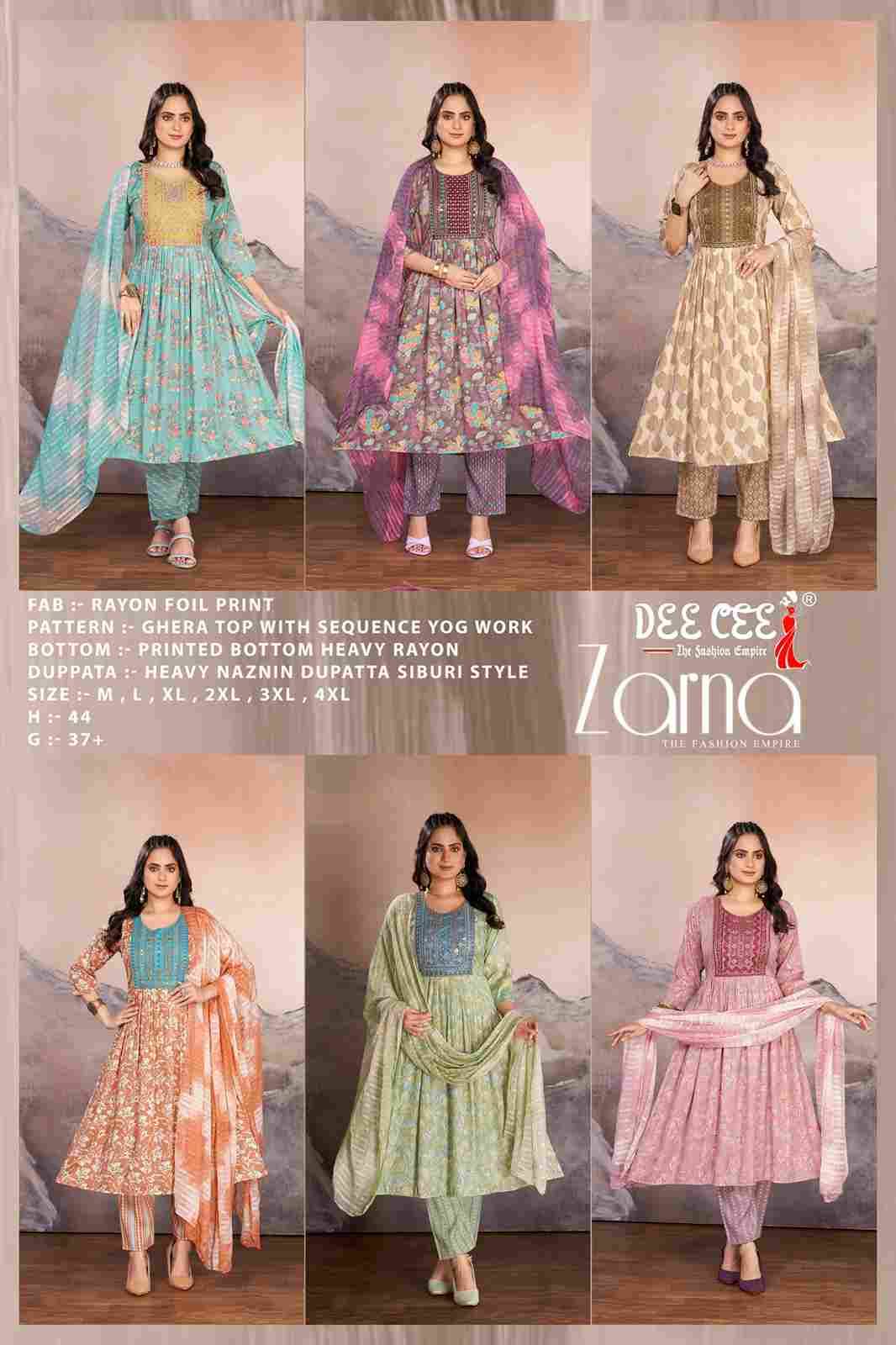 Zarna By Dee Cee 101 To 106 Series Beautiful Anarkali Suits Stylish Fancy Colorful Casual Wear & Ethnic Wear Rayon Foil Dresses At Wholesale Price